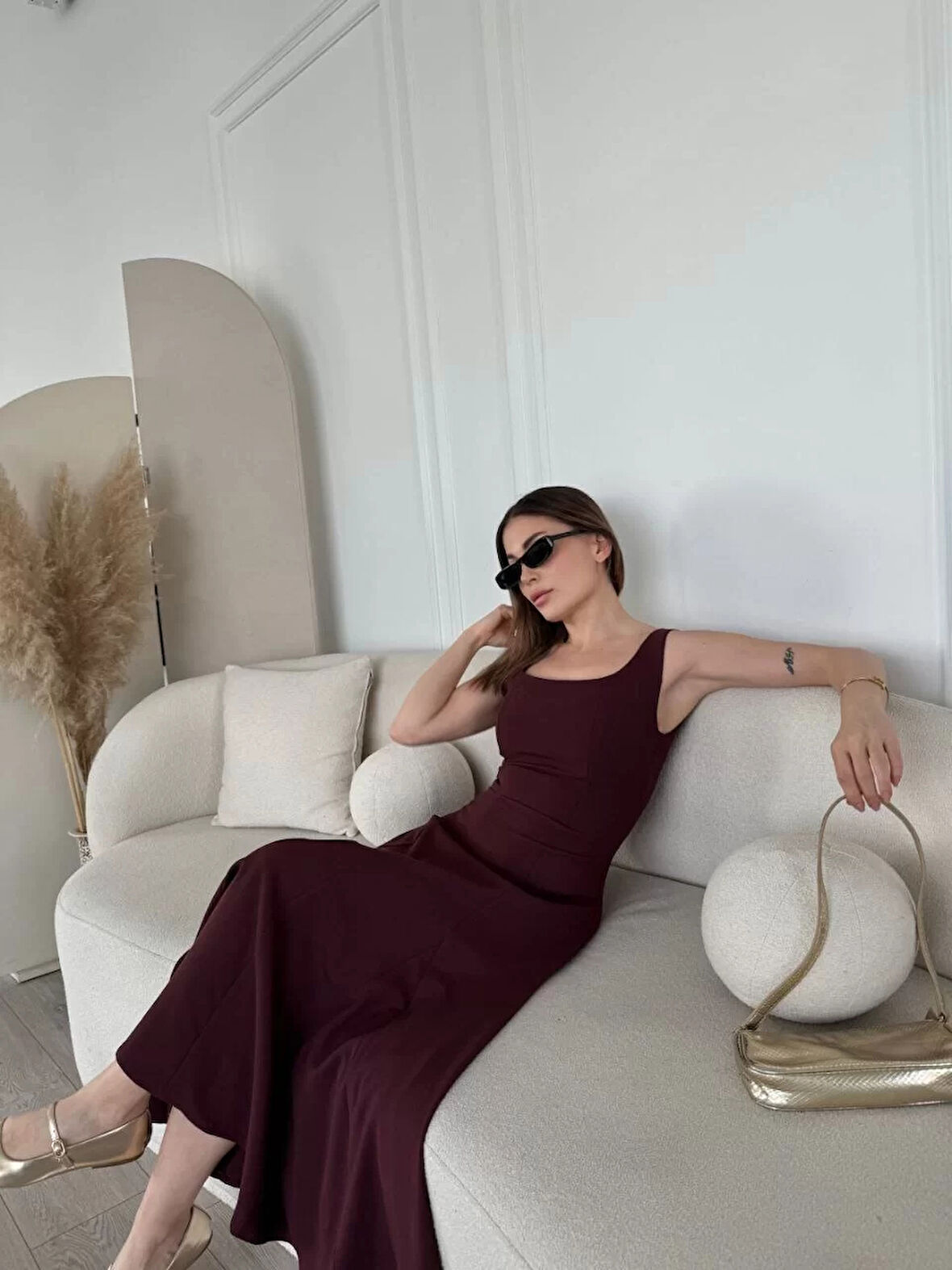 Sırt Dekolteli Kolsuz Uzun Elbise - Mürdüm