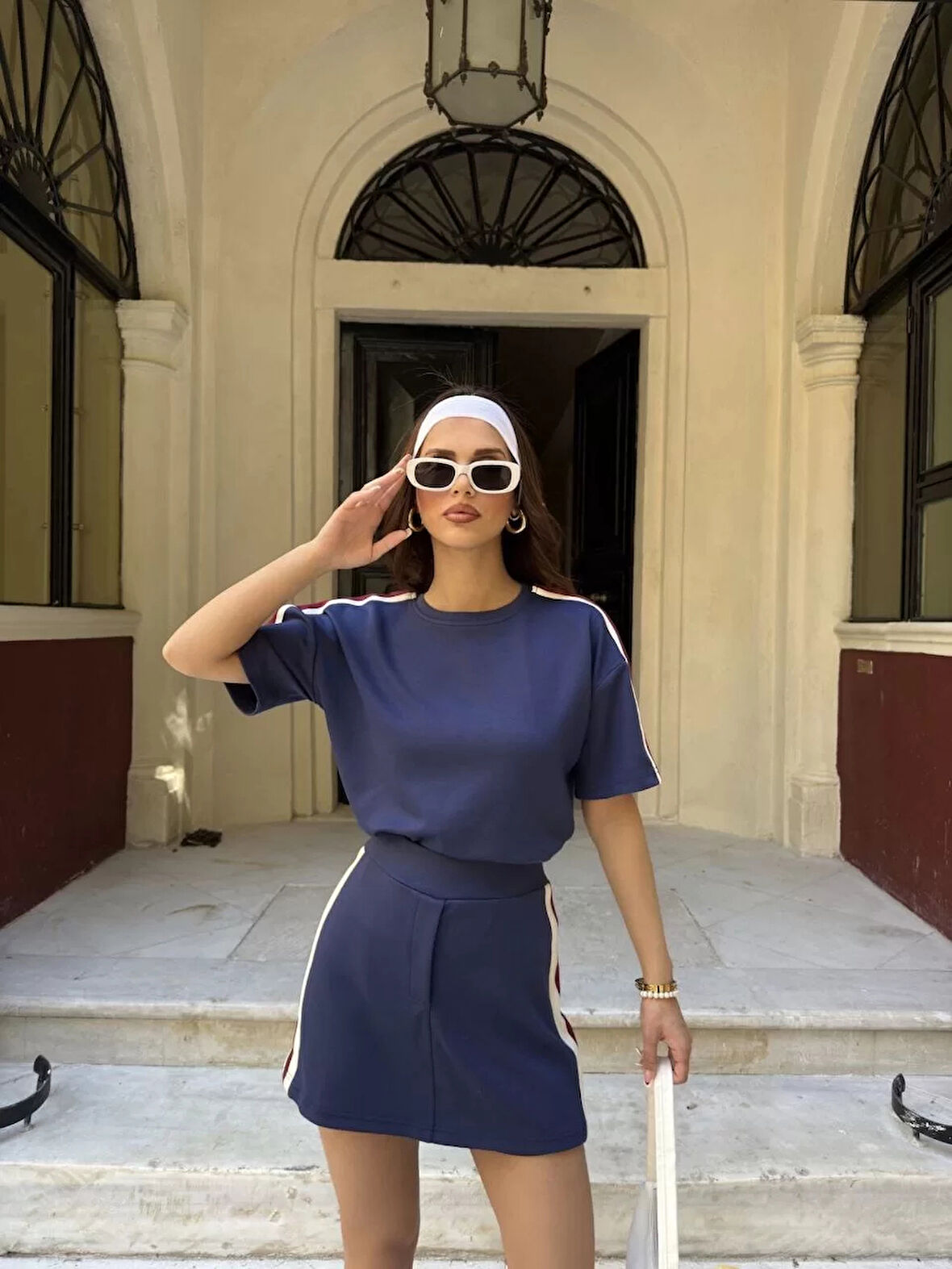 Osy Modal yumuşak dokulu Kumaş Kadın Parçalı Bisiklet Yaka T-shirt Mini Şortlu Etek İkili Takım -Lacivert