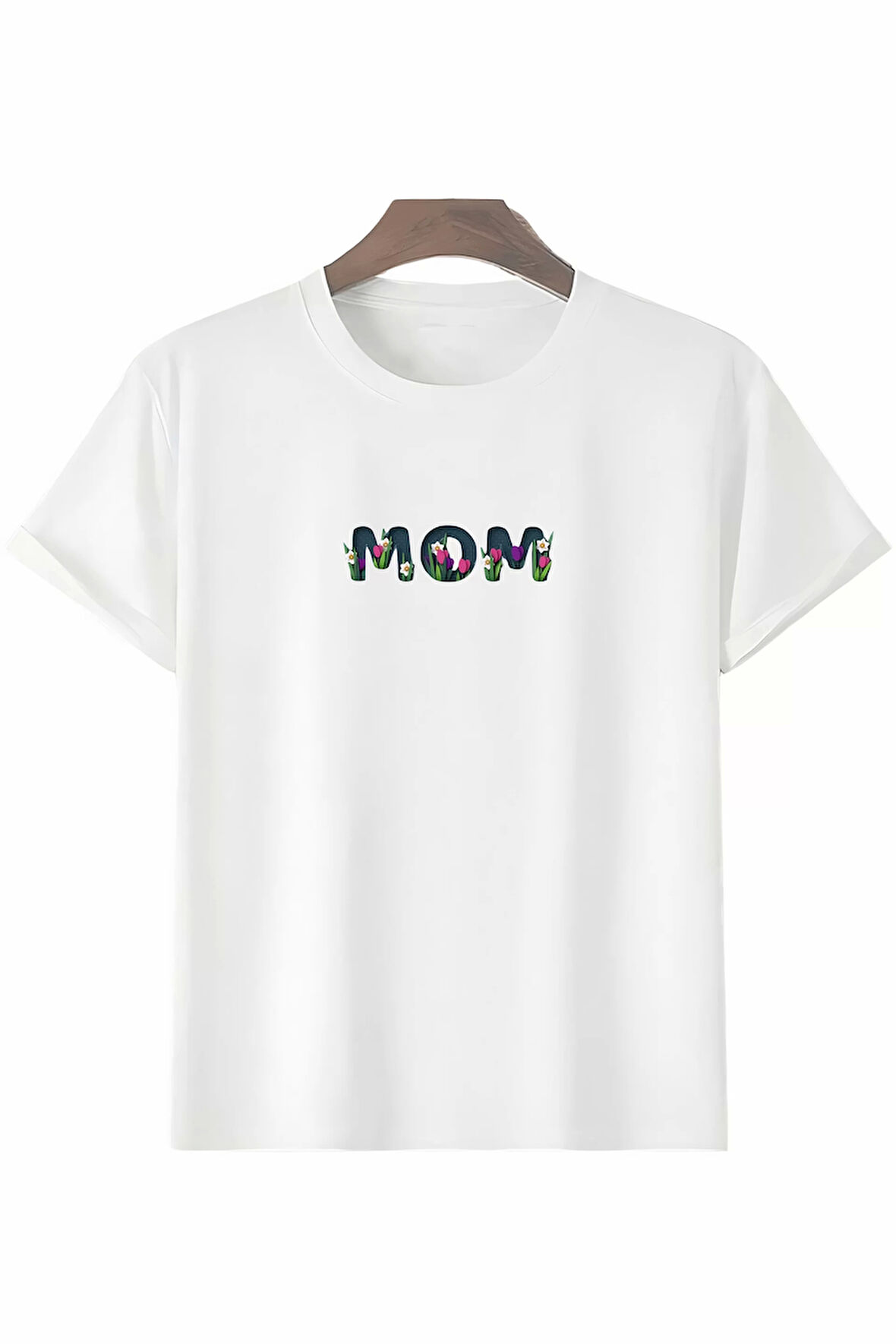 Anneler Gününe Özel Tasarım mom Çiçek Baskılı T-shirt - Beyaz