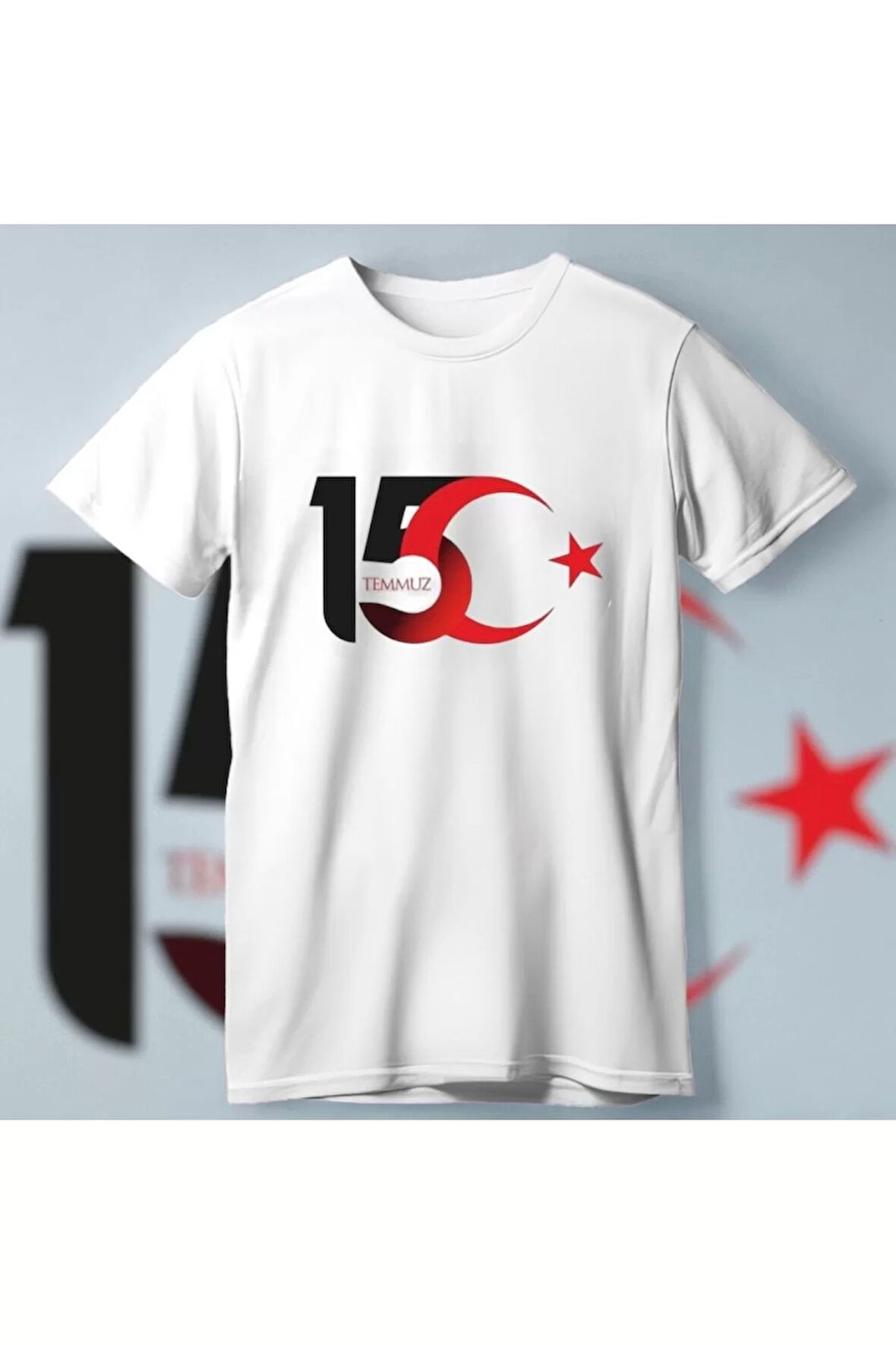 15 Temmuza Özel Tasarım Ay Yıldız Baskılı T-shirt - Beyaz