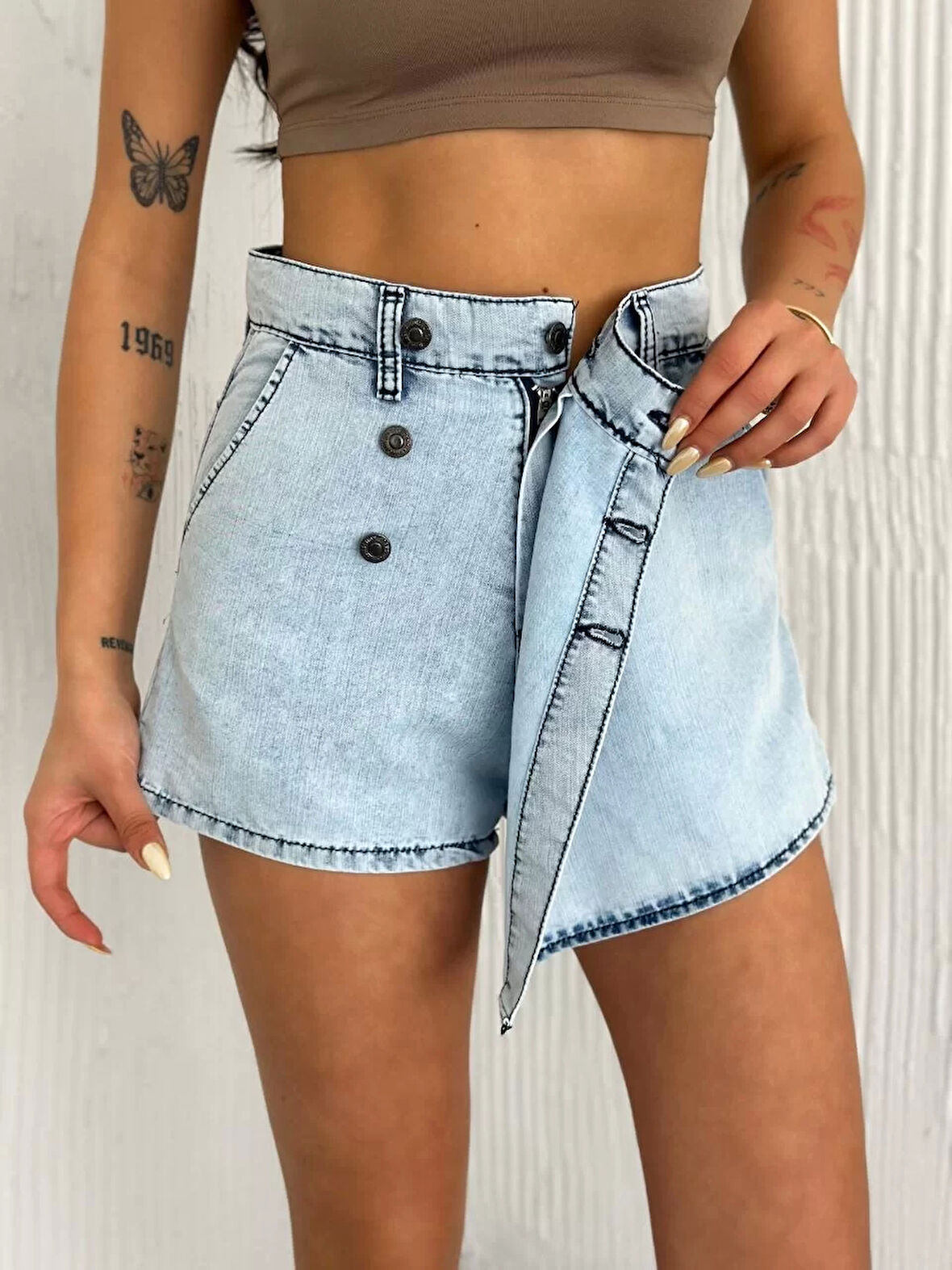 Kot Jeans Kesimetrik Kesim Cepli Şortlu Etek - Gri