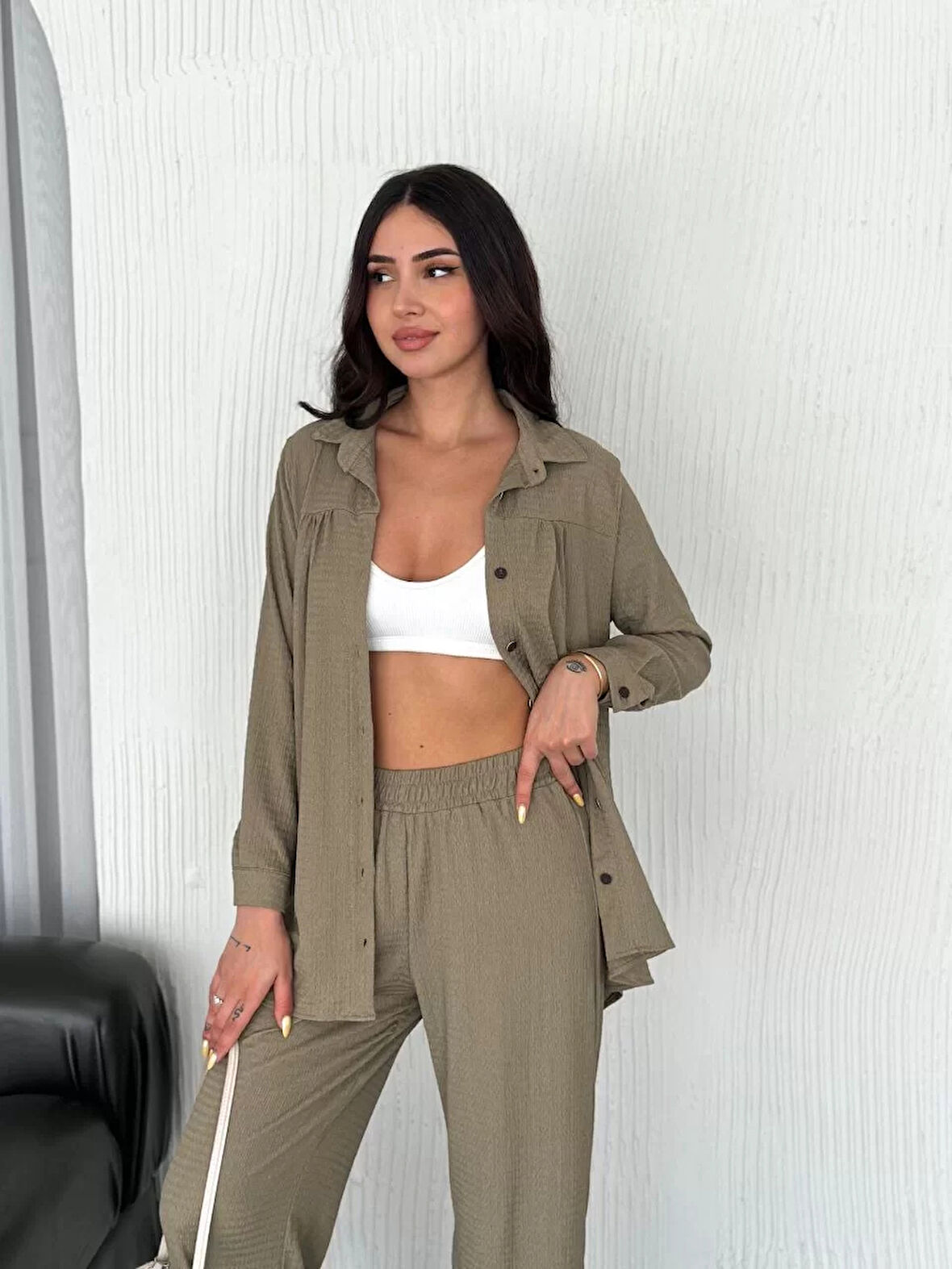 Yakalı Düğmeli Uzun Kollu Gömlek Pantolon ikili Takım - Bej