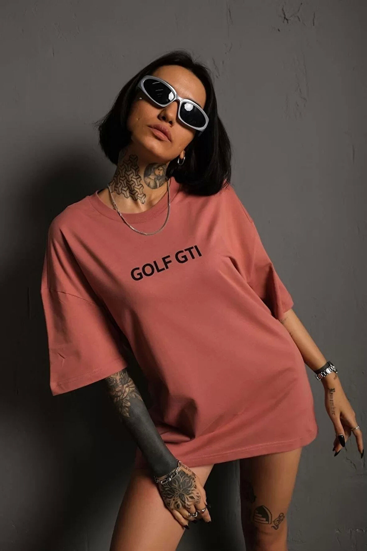 Kadın Sırt Golf Gtı Baskılı Oversize T-shirt - Gül Kurusu