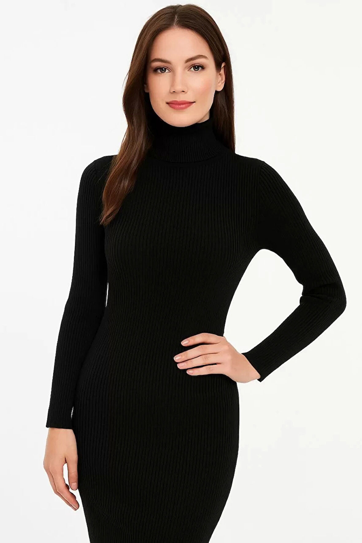 Kadın Boğazlı Uzun Fitilli Triko Dokuma Elbise - Siyah