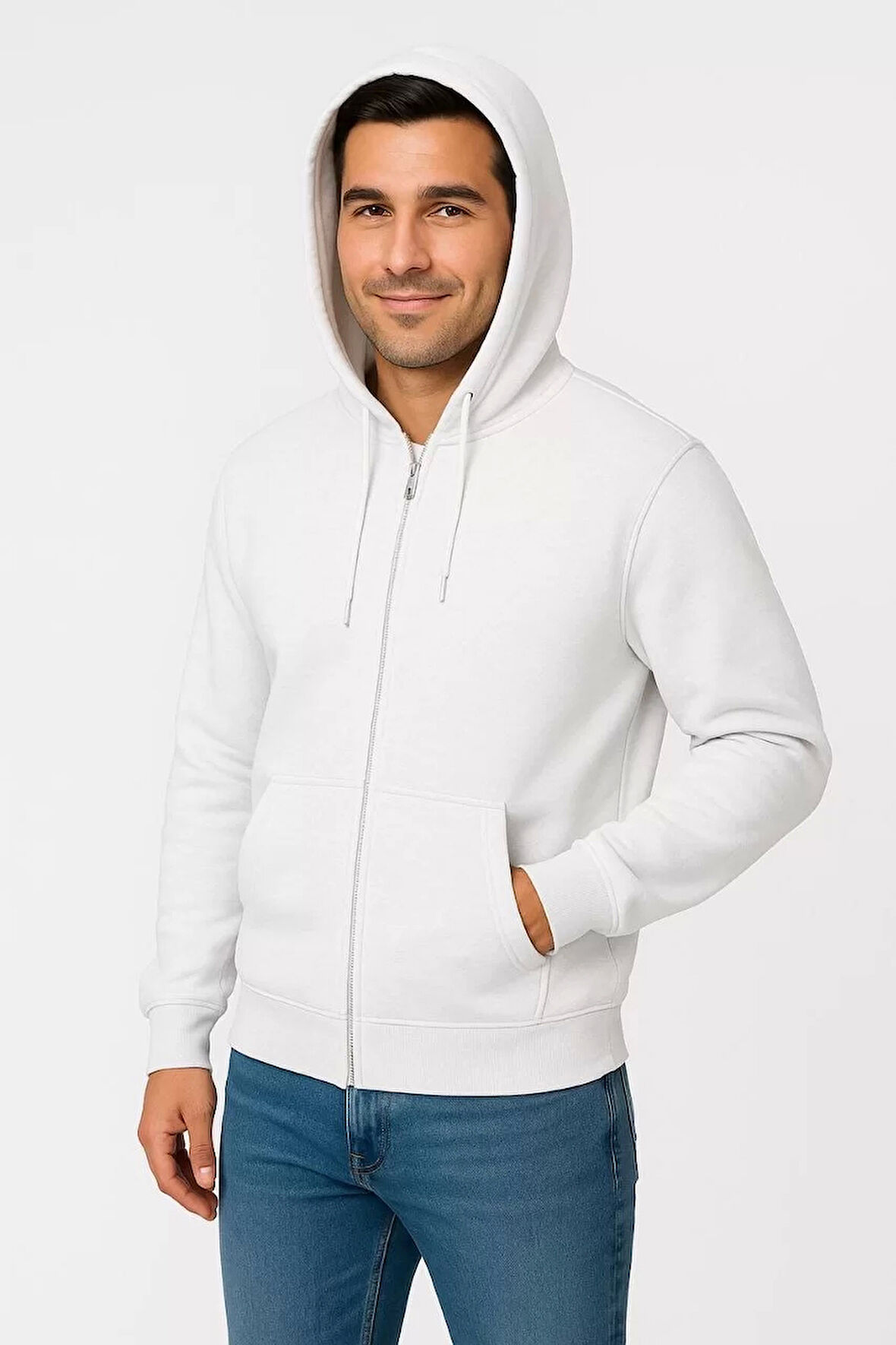 Erkek Üç İplik Kapüşonlu Tam Fermuarlı Kanguru Çepli SweatShirt Hoodie - Beyaz