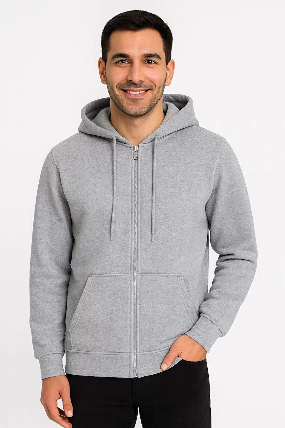 Erkek Üç İplik Kapüşonlu Tam Fermuarlı Kanguru Çepli SweatShirt Hoodie - Gri