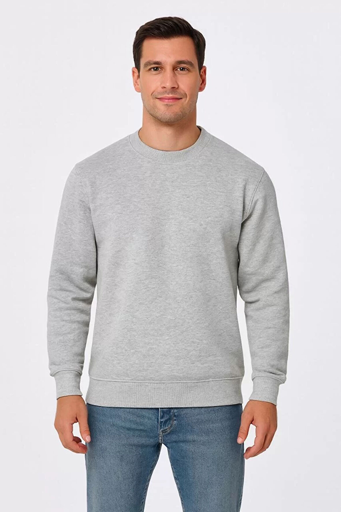 Erkek Üç İplik Düz Bisiklet Yaka SweatShirt - Gri