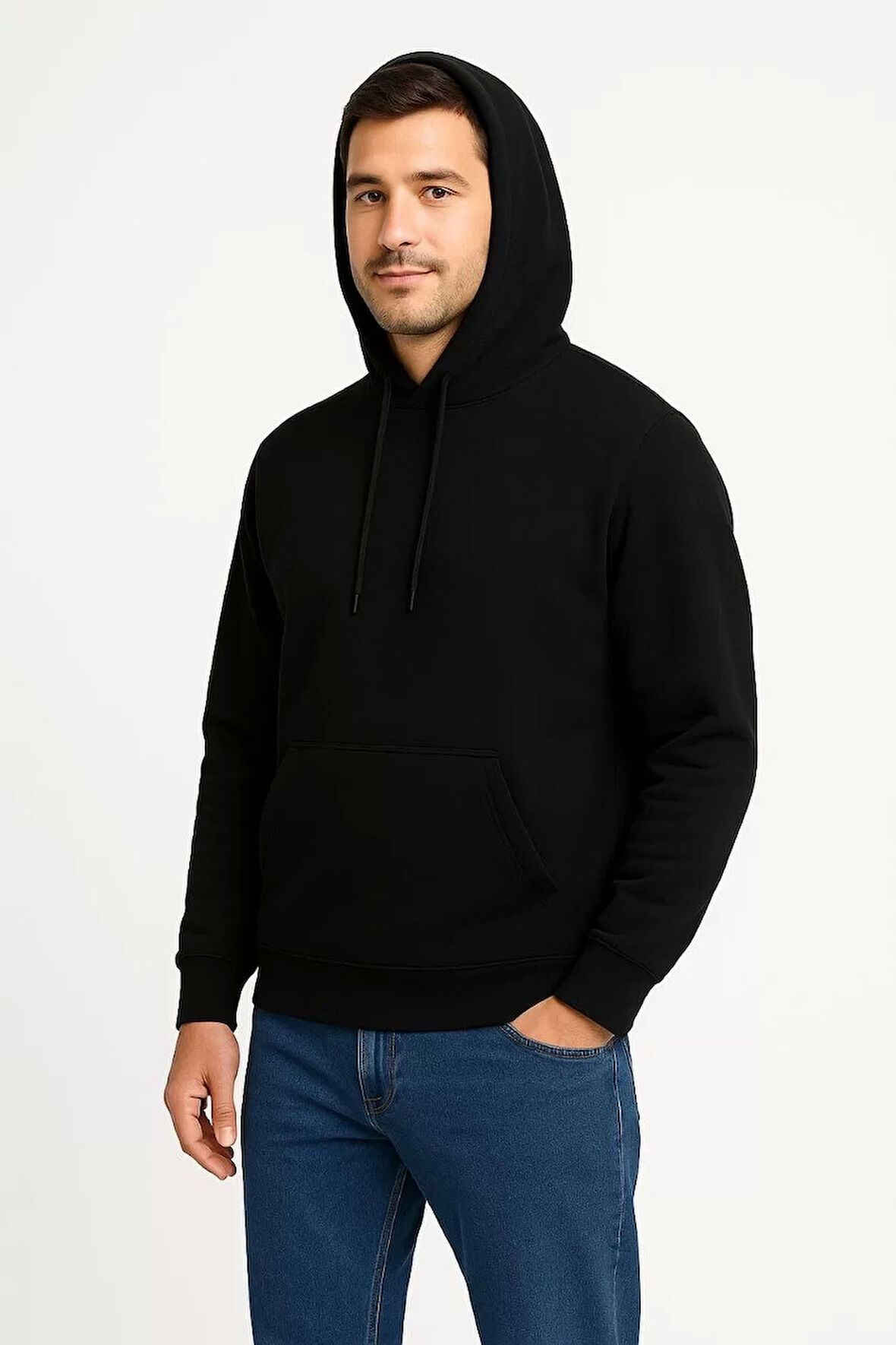 Erkek Üç İplik Kapüşonlu Kanguru Cepli SweatShirt hoodie - Siyah