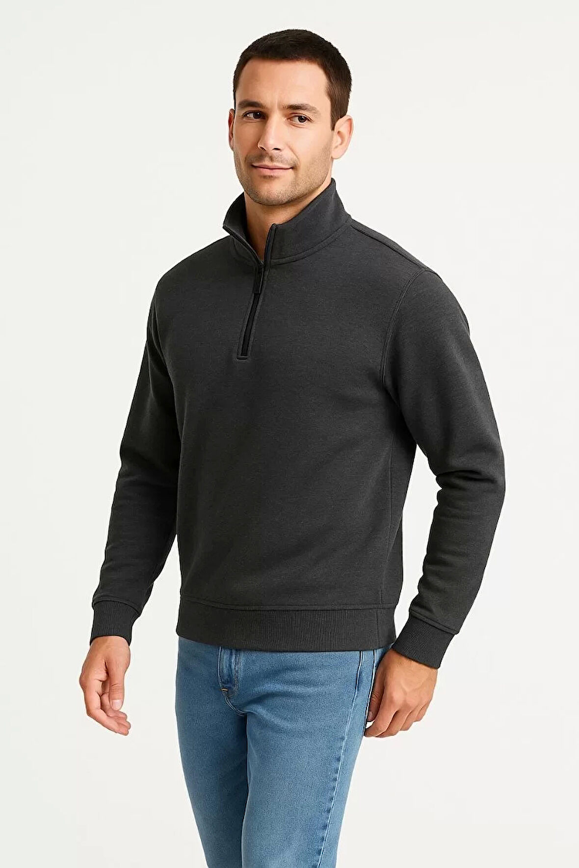 Erkek Dik Yaka Sweatshirt Dik Yaka Yarım Fermuarlı 3 İplik Şardonlu Pamuk Kumaş - Antrasit