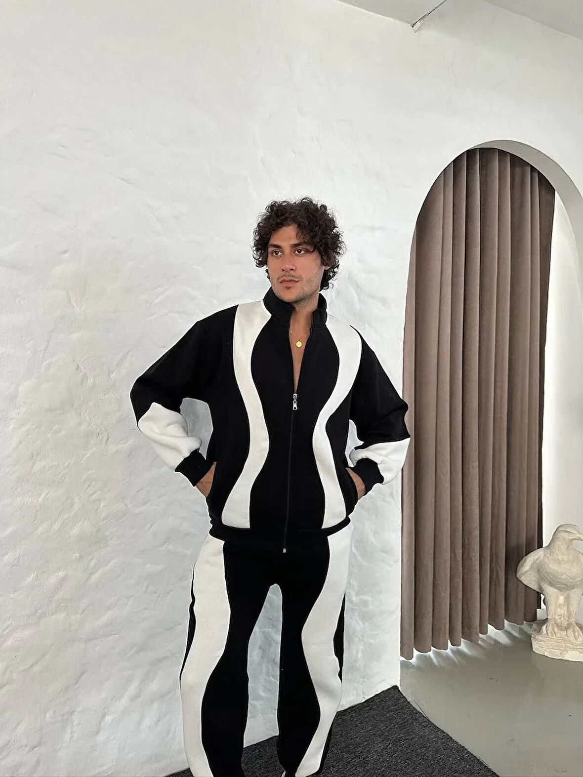 Erkek Premium Parçalı Eşofman Takım - Dik Yaka Fermuarlı Sweatshirt, - Siyah