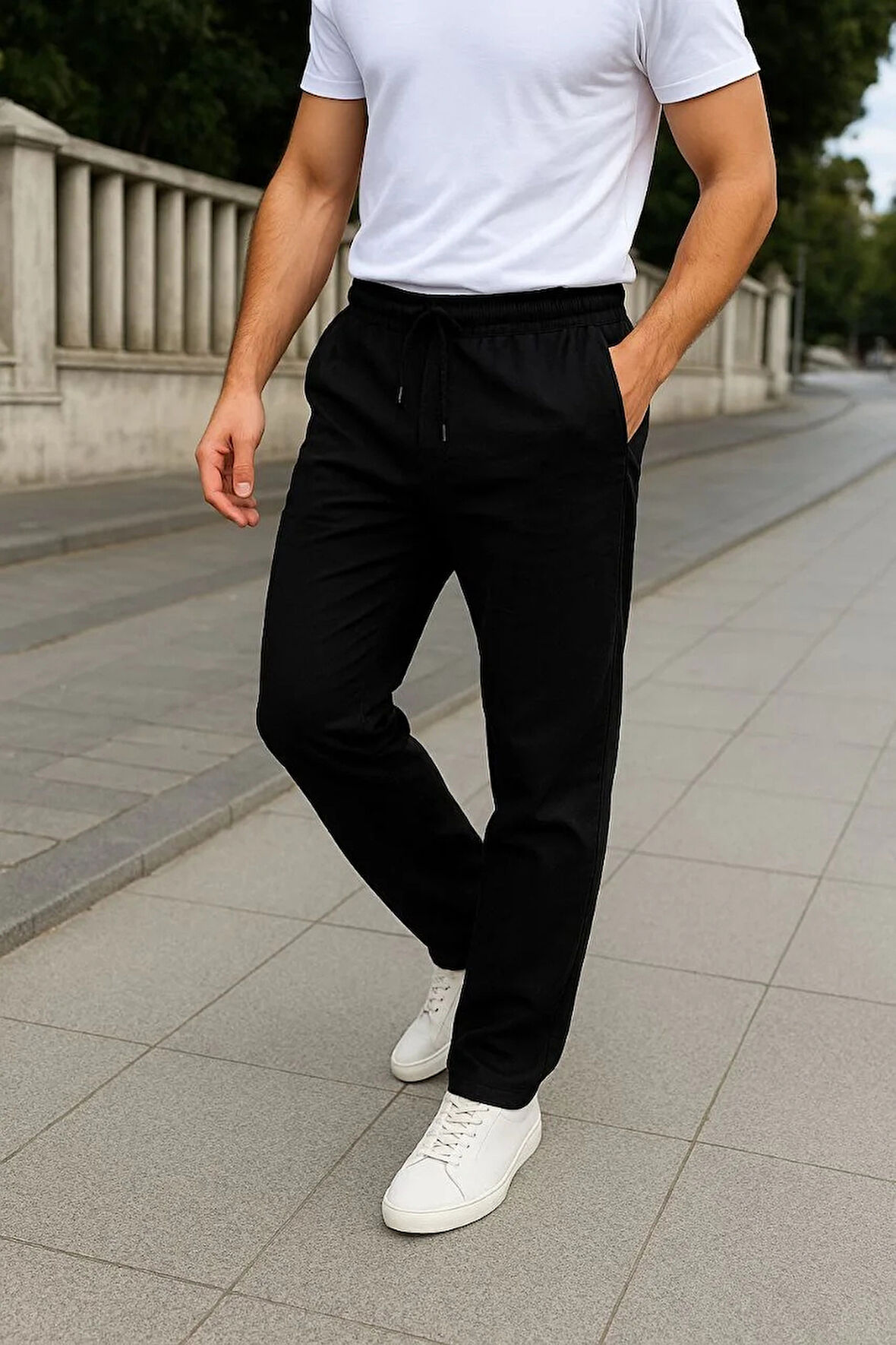 Erkek Keten Pantolon – Cepli, Beli Lastikli ve Bağcıklı, Nefes Alan Rahat Kalıp, Yazlık ve Baharlık Günlük Giyim, Şık & Konforlu Boru Paça Model - Siyah