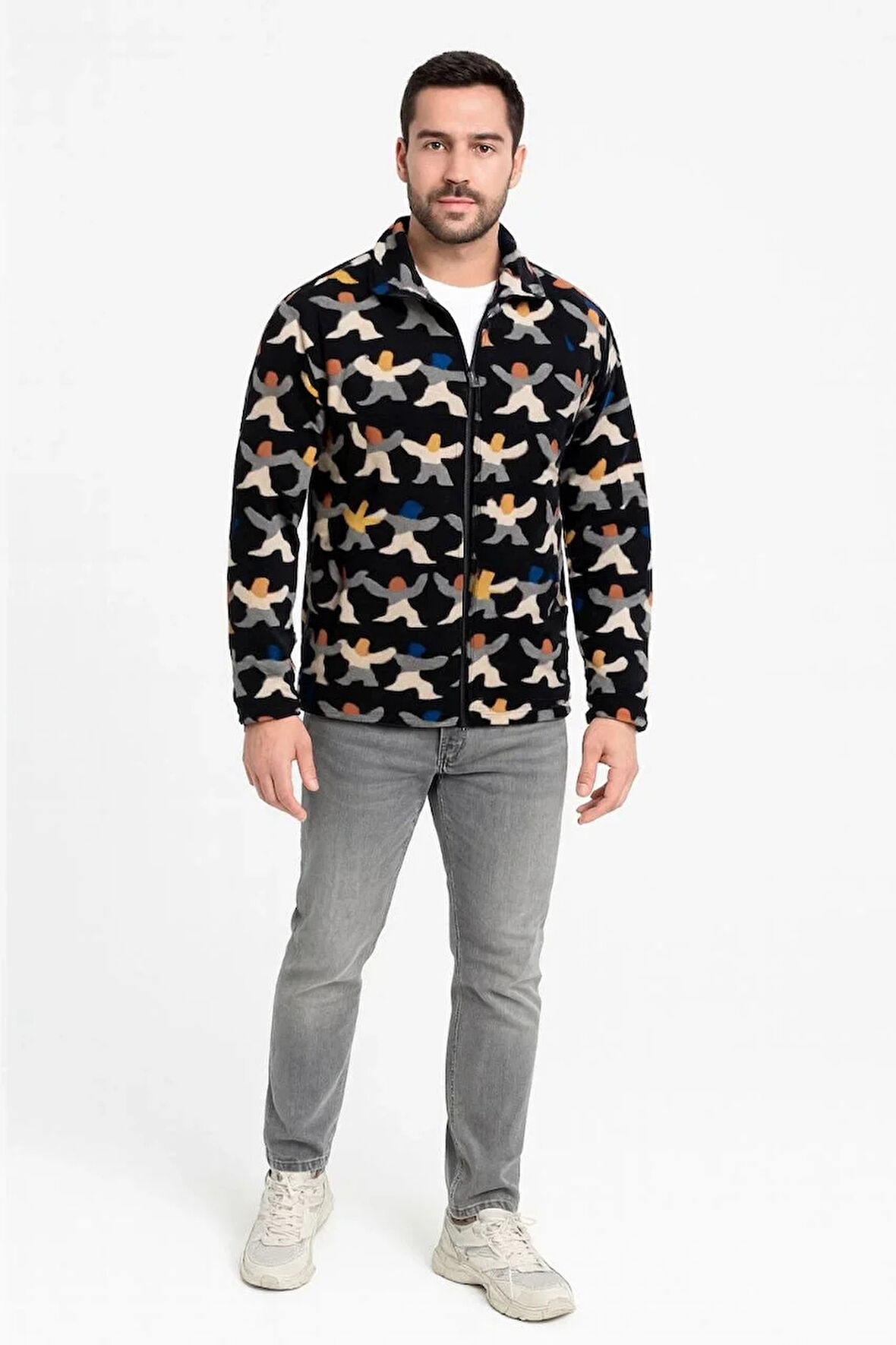 Erkek Tam Fermuarlı Desenli Polar Sweat – Siyah Multicolor Figür Desen Yakalı, Uzun Kollu, Oversize Rahat Kalıp- Siyah