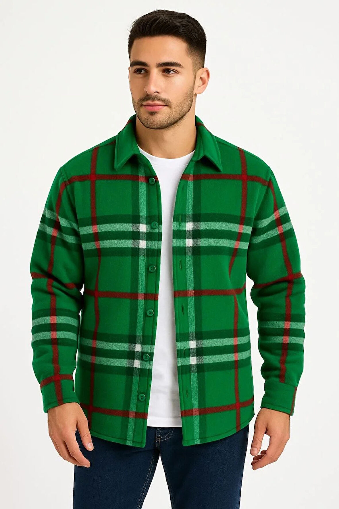 Erkek Ekose Desenli Düğmeli Polar Yakalı Uzun Kollu Gömlek Oversize Rahat Kalıp - Yeşil