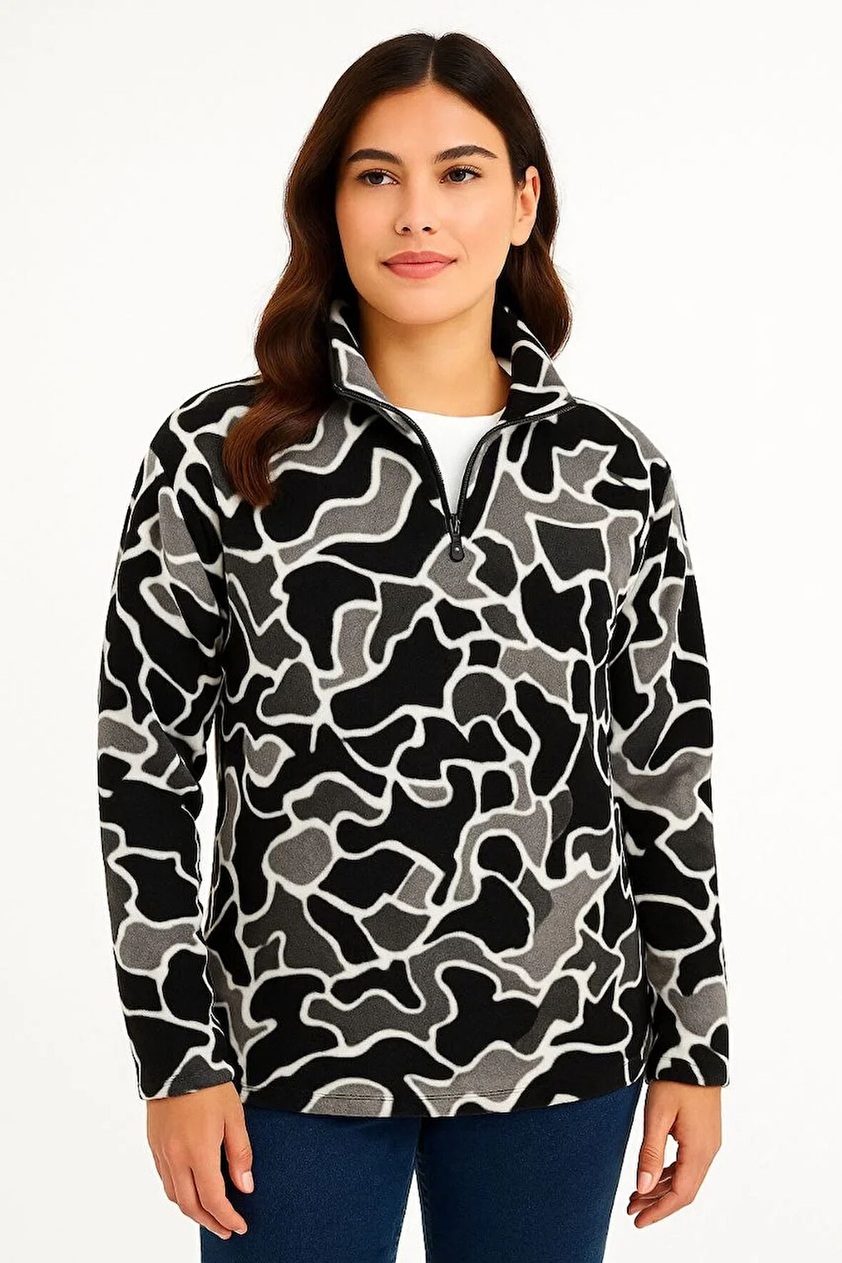KADIN Yarım Fermuarlı Desenli Polar Sweat Yakalı, Uzun Kollu, Oversize Rahat Kalıp - Siyah