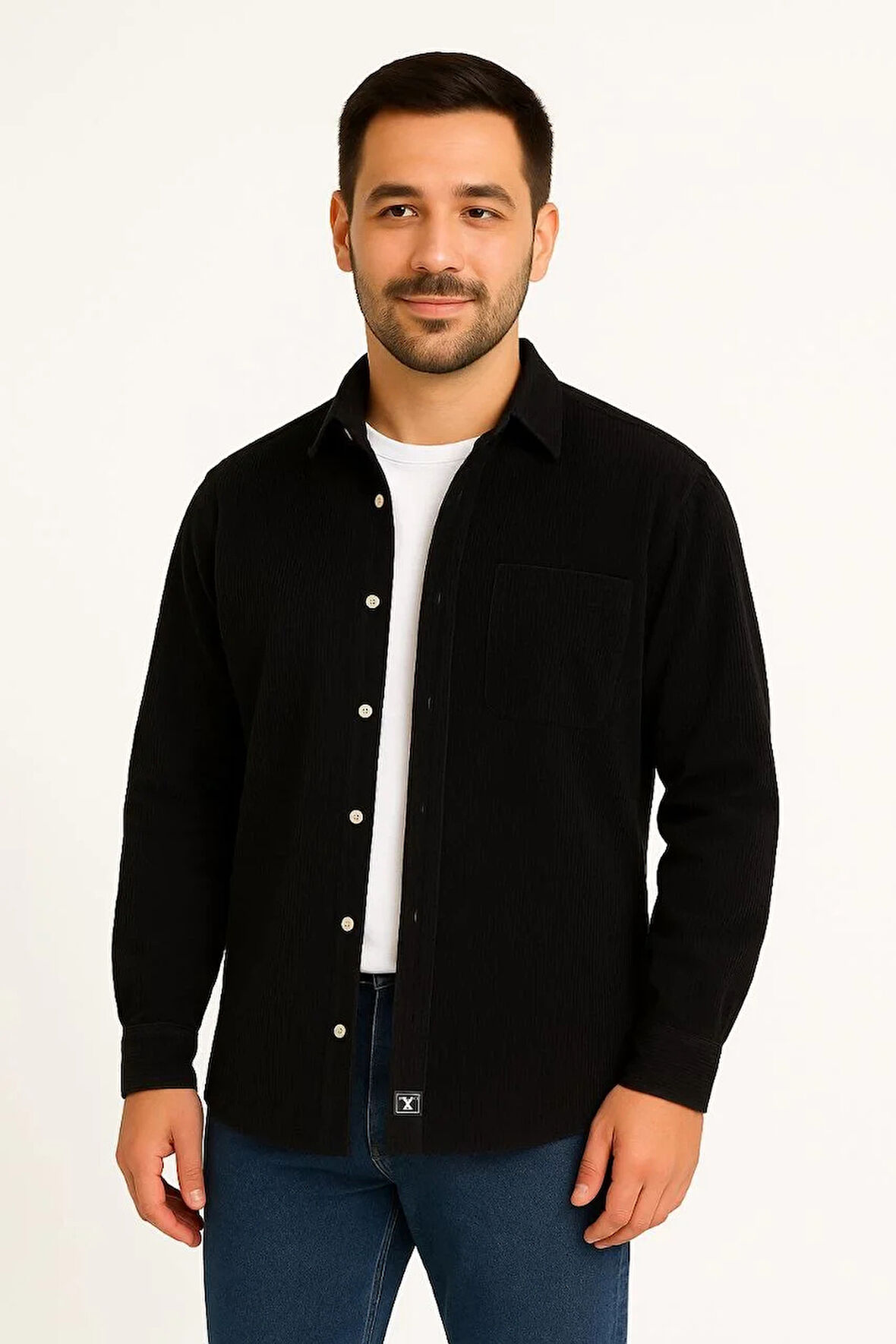 Erkek Fitilli Kadife Cepli Gömlek Oversize Rahat Kalıp - Siyah