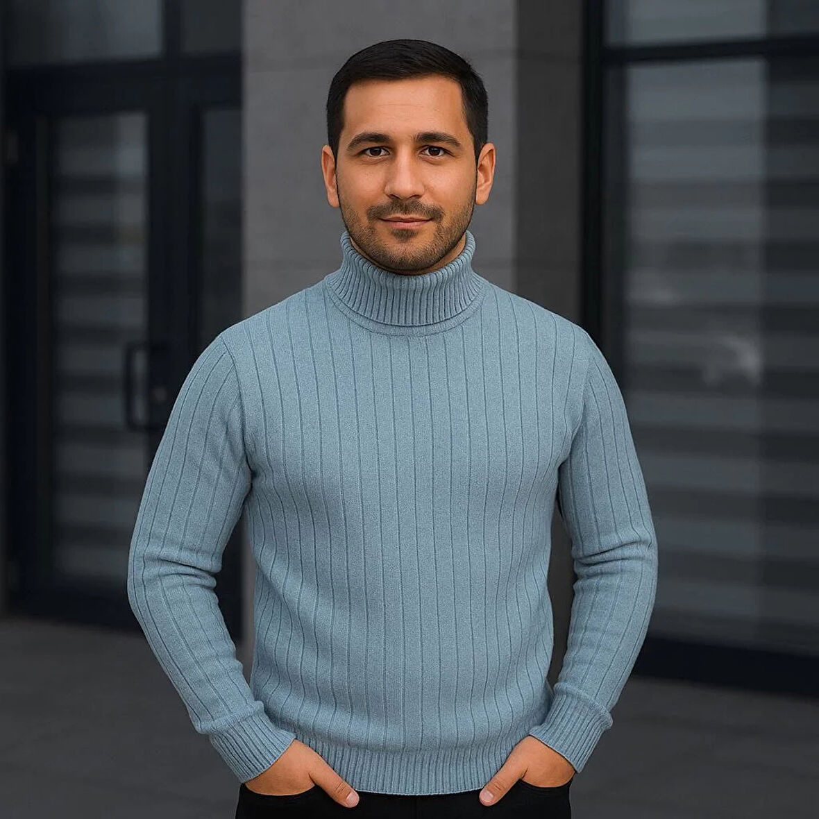 Erkek Balıkcı Yaka Bağazlı Triko Kazak Pamuklu Kalın Fitilli Dokuma, Regular Fit Uzun Kollu Kışlık Model - Bebe Mavisi