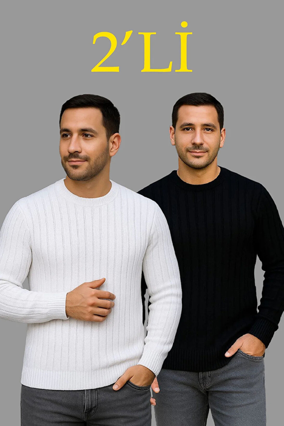 Erkek Fitilli Triko Kazak 2’li Set – Siyah & Beyaz, Kalın Dokuma Pamuklu Regular Fit Bisiklet Yaka Uzun Kollu Rahat Kışlık Kazak Kombini