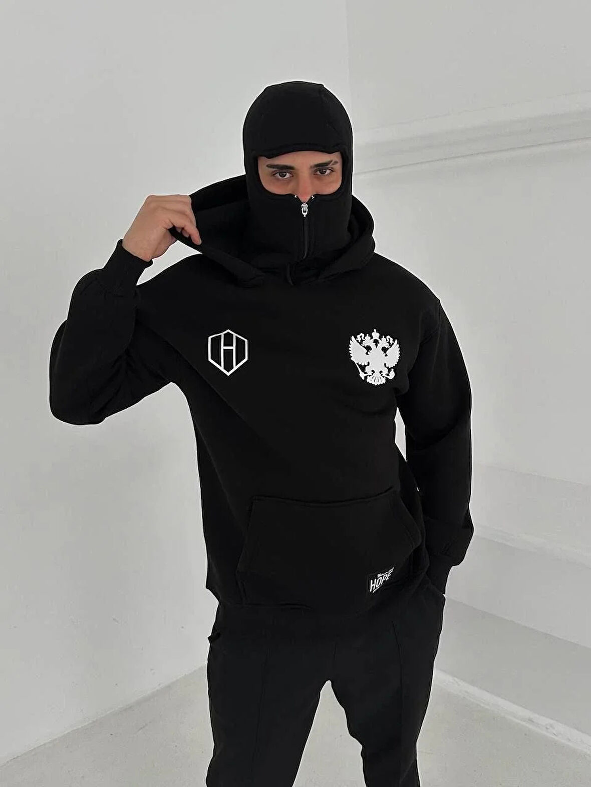Samuray Ninja Çift Kapşonlu ZIP Fermuarlı Kanguru Çepli Tam Fermuarlı Hoodie ön ve Arka Baskılı Maske Detaylı Swetshirt - Siyah