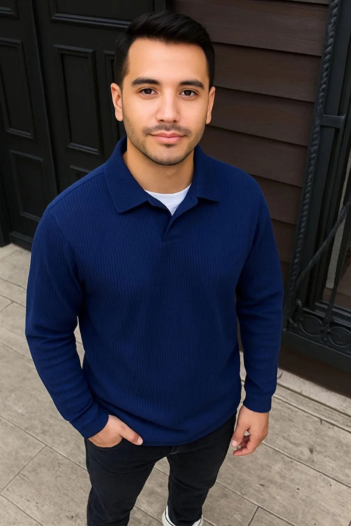 Erkek Fitilli Polar Sweatshirt – Düğmesiz Polo Yaka, Oversize Rahat Kalıp, Kalın Polar Kumaş, Kışlık ve Baharlık Şık Günlük Üst - Lacivert
