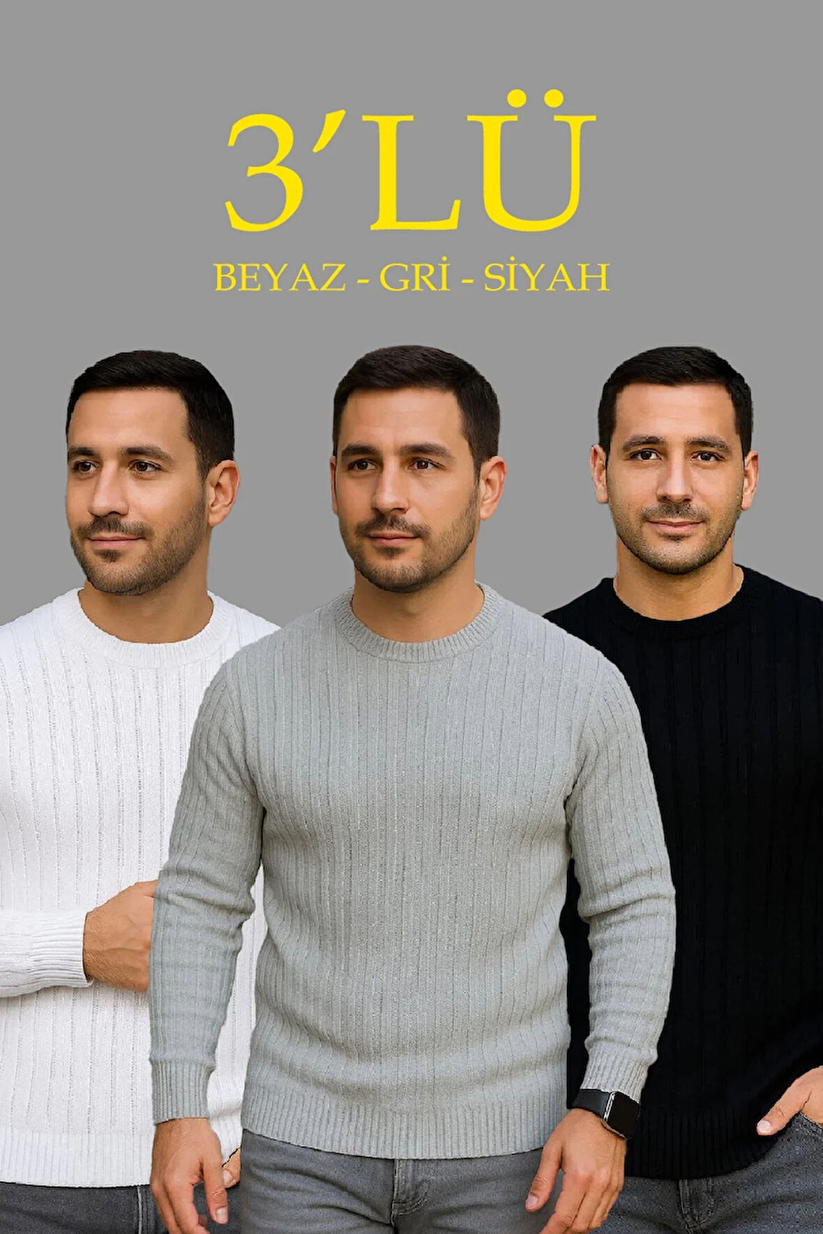 Erkek Fitilli Triko Kazak 3’lü Set – Beyaz, Gri, Siyah | Kalın Dokuma Pamuklu Regular Fit Bisiklet Yaka Uzun Kollu Kışlık ve Baharlık Rahat Triko Kombini