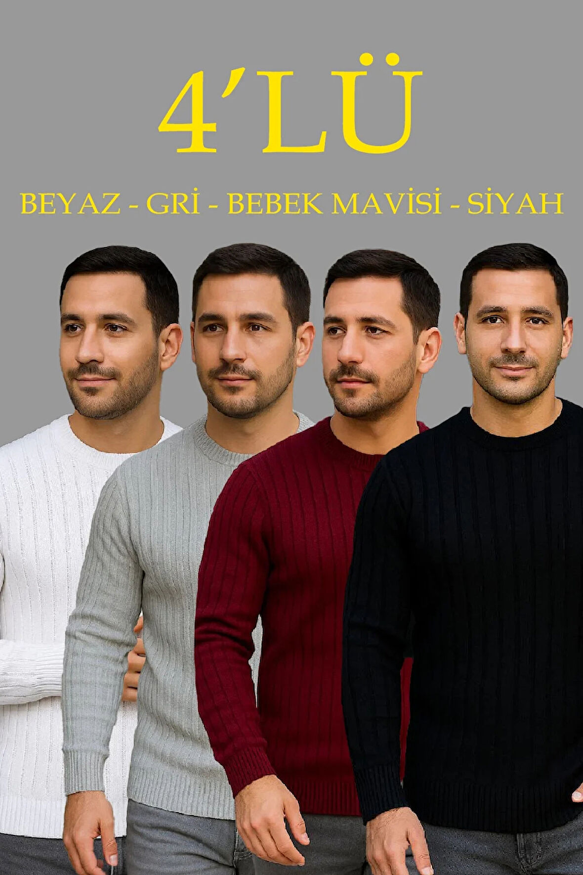 Erkek Fitilli Triko Kazak 4’lü Set – Beyaz, Bordo, Gri, Siyah | Kalın Dokuma Pamuklu Regular Fit Bisiklet Yaka Uzun Kollu Kışlık ve Baharlık Rahat Triko Kombini