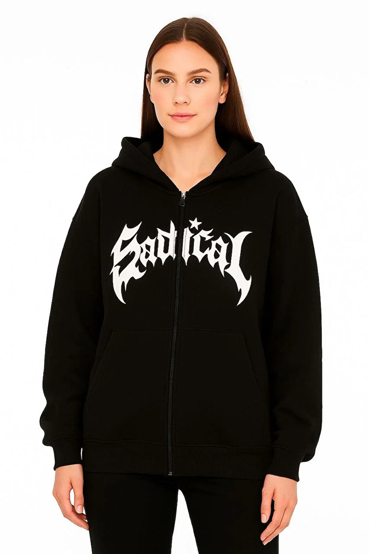 Kadın Oversize Kapüşonlu Sweatshirt  Hoodie 3 İplik Şardonlu Pamuklu Kumaş, Önü Baskılı, Fermuarlı Rahat Kalıp, Kışlık ve Sokak Stili Sweat - Siyah