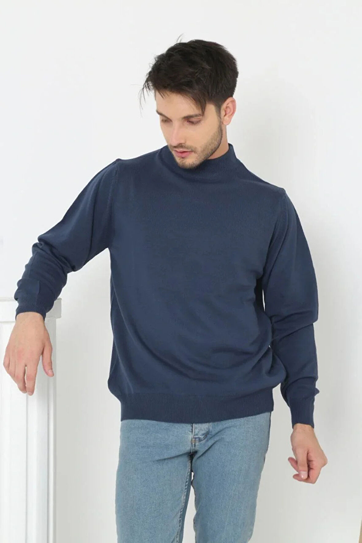 Erkek Yarım Boğaz Triko Kazak yumuşak dokulu Pamuklu ince Dokuma, uzun kollu Rahat Regular kalıp - İndigo