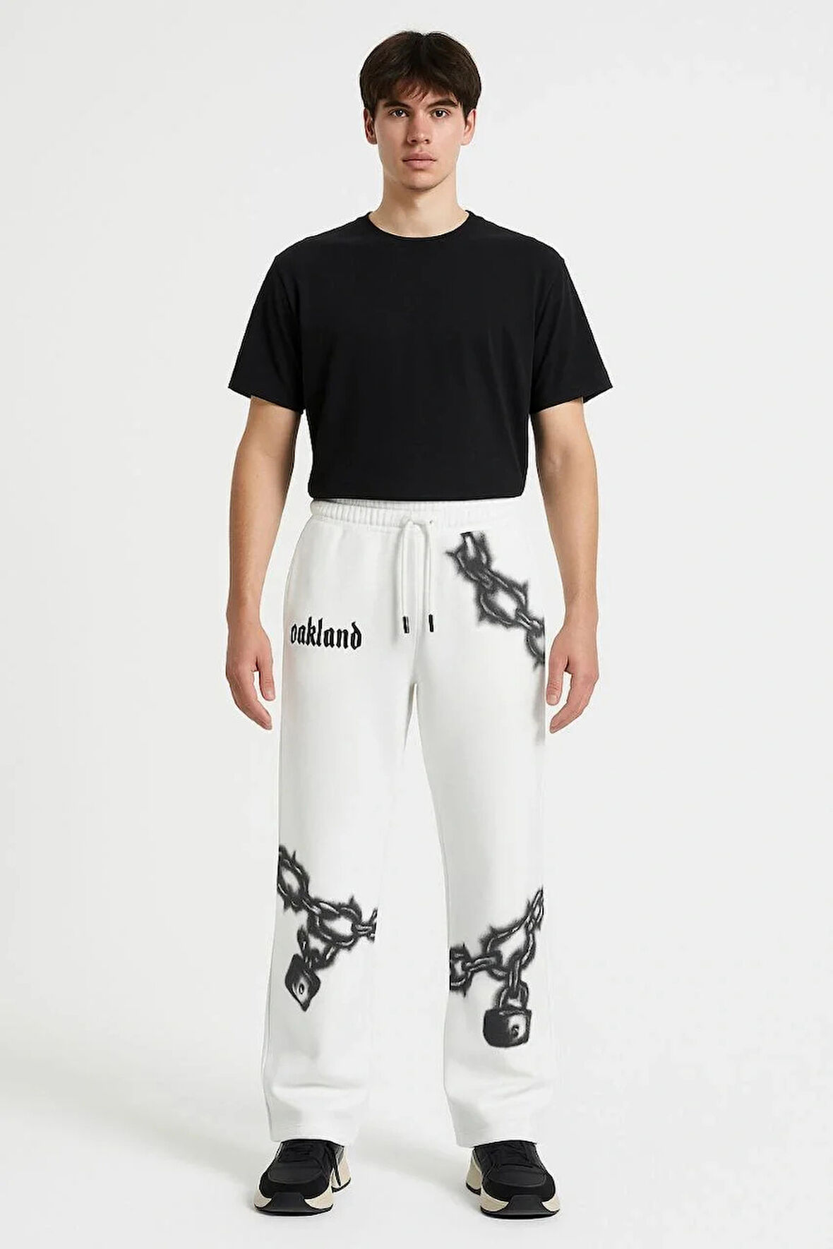 Erkek Üç İplik Pamuklu Baskılı Cepli Jogger Buggy Pantalon Oversize Kalıp - Beyaz