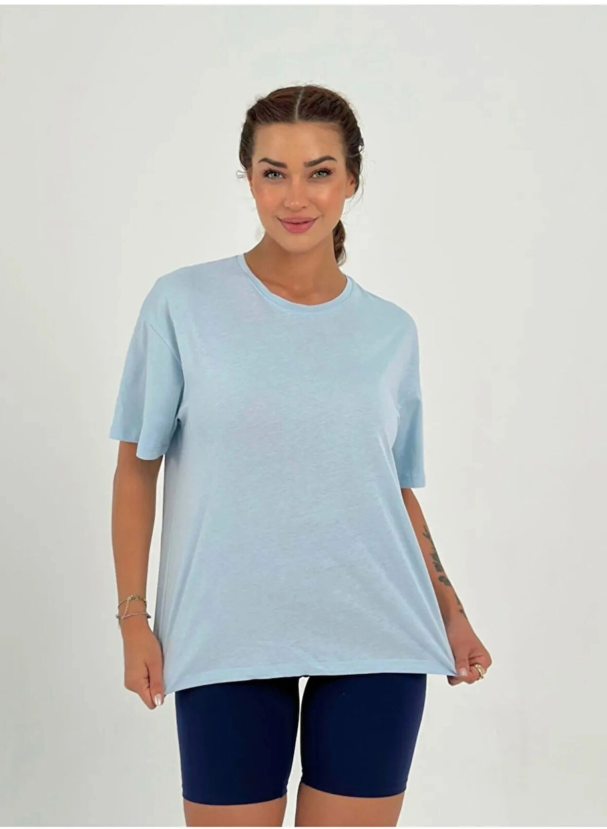 Maison La Femme Kadın Bebe Mavisi Baskısız Pamuklu Oversize T-shirt