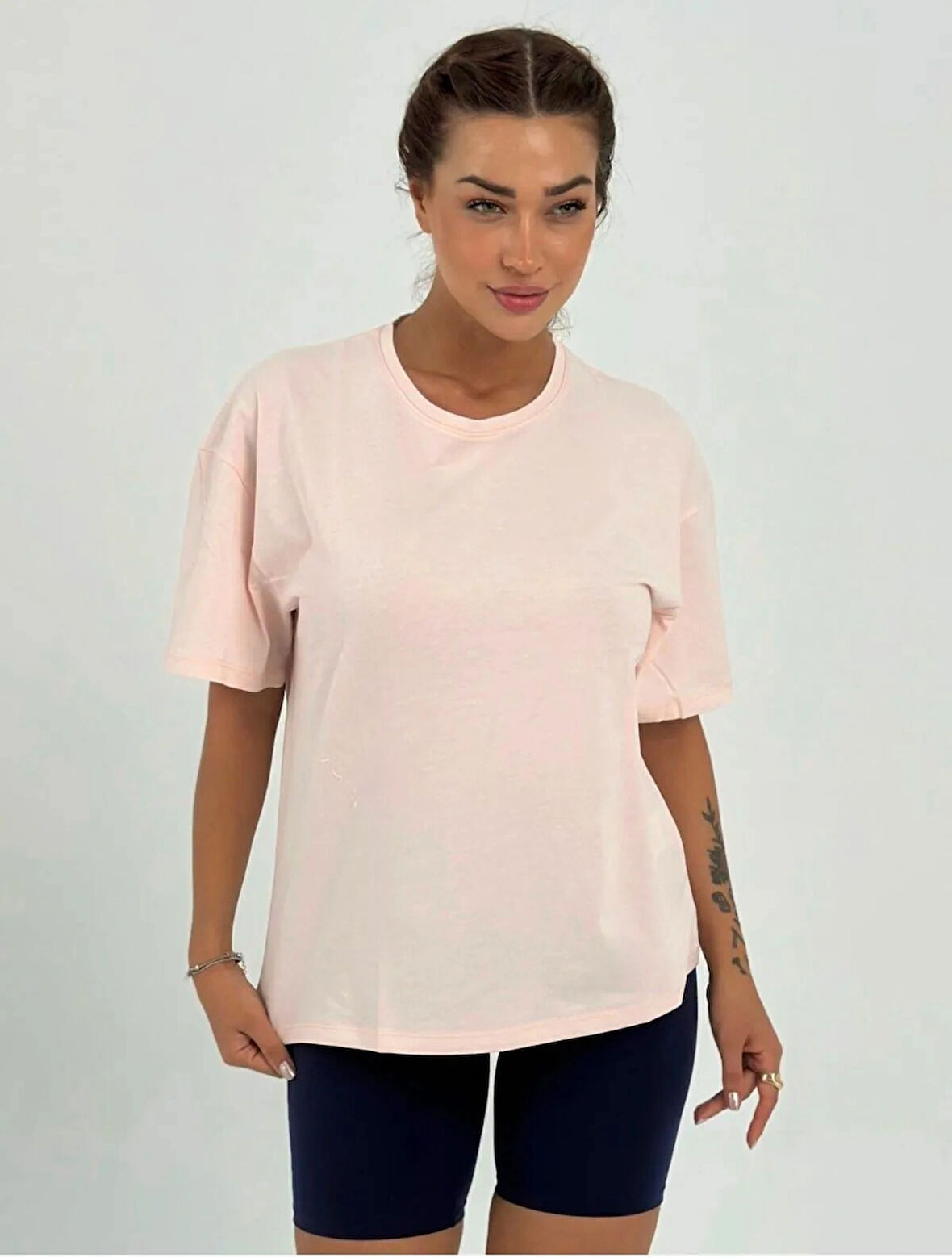 Maison La Femme Kadın Pudra Baskısız  Pamuklu Oversize T-shirt