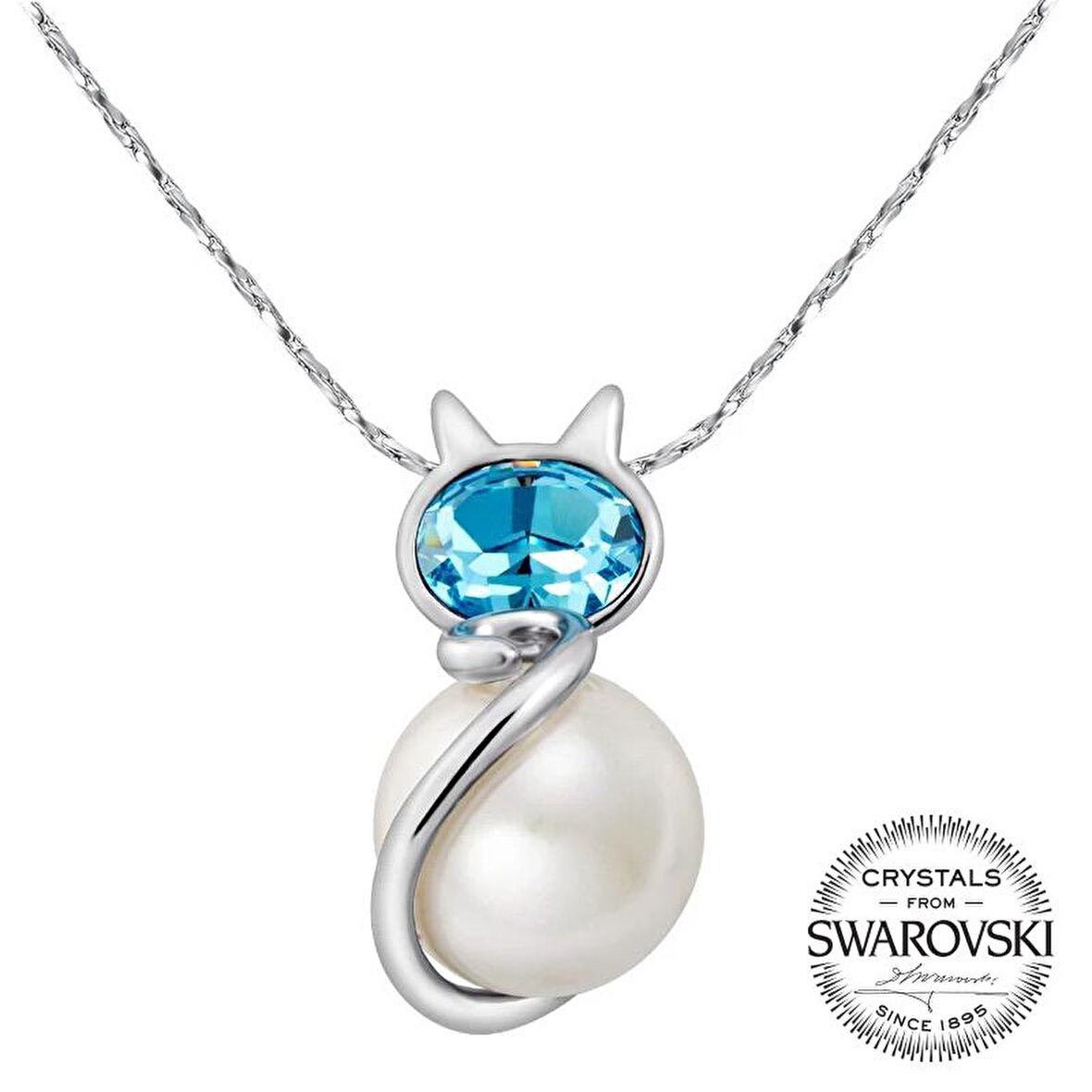 Monemel Mavi Swarovski Taşlı İncili Kedi Kolye