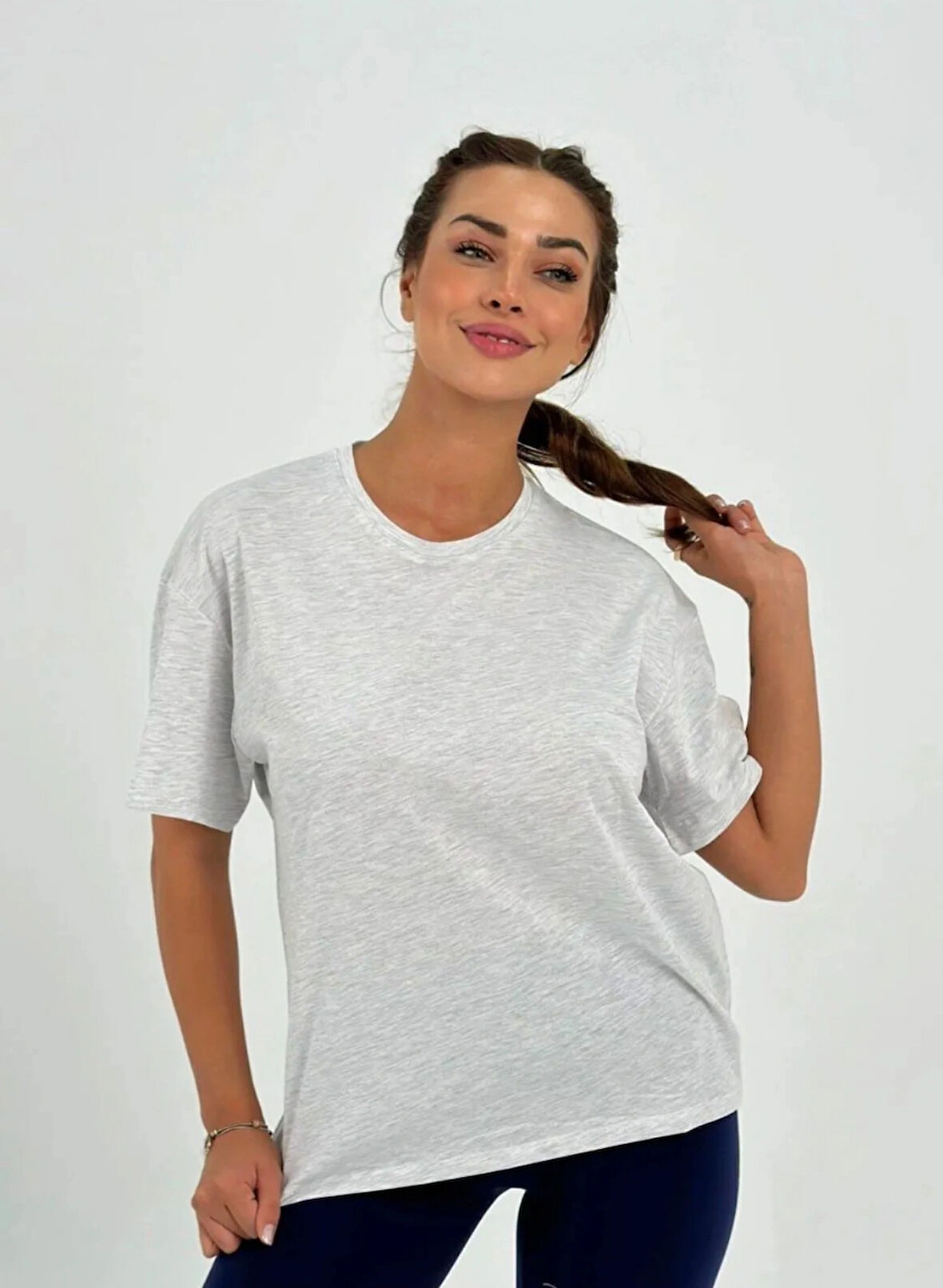 Maison La Femme Kadın Gri Melanj Baskısız  Oversize T-shirt