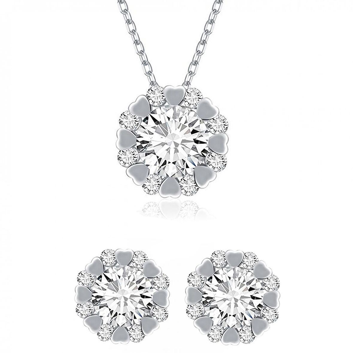 Monemel Kristal Taşlı Kolye ve Küpe Set (Gümüş)