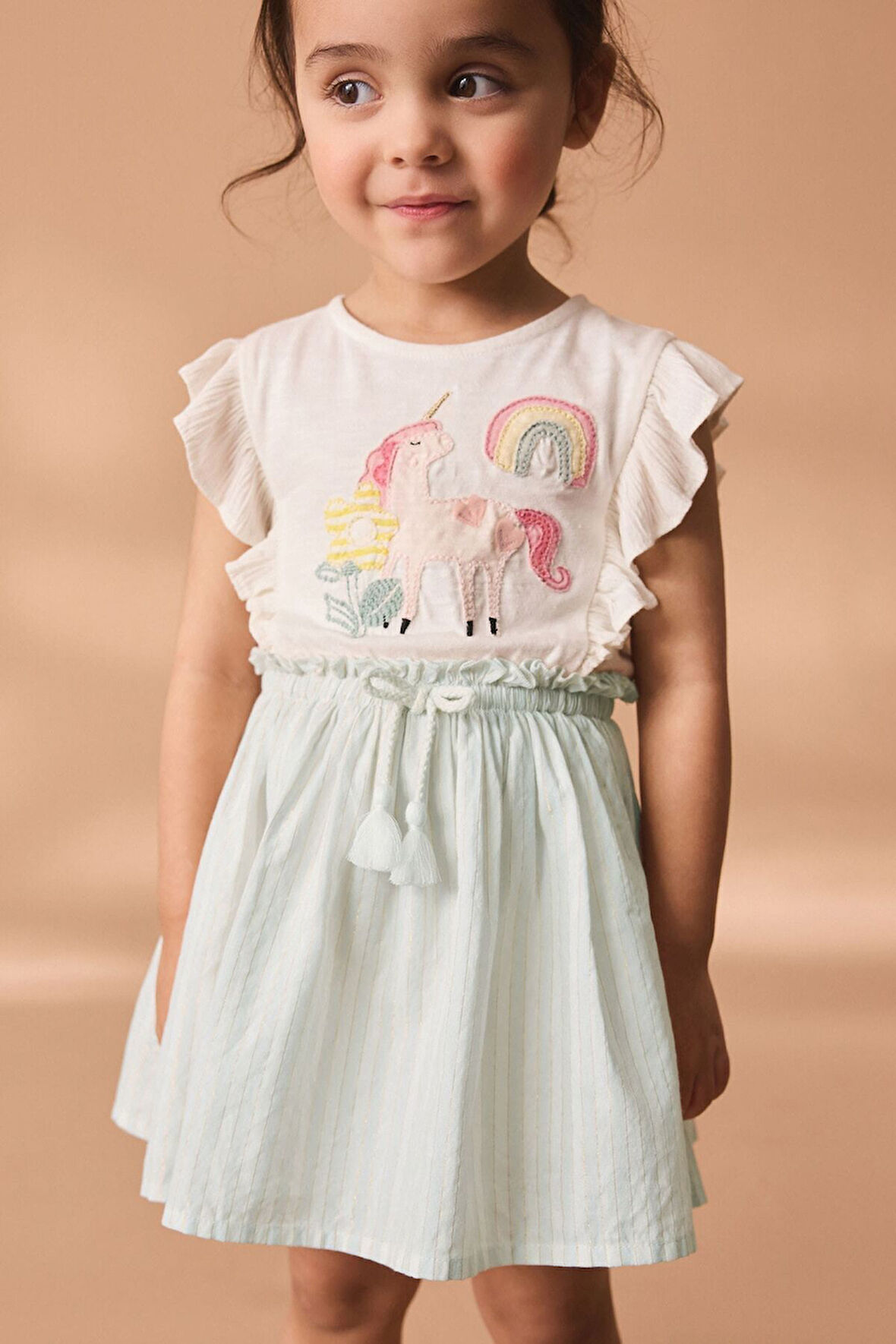Next Baby % 100 Pamuklu Beyaz Unicorn Desenli Kısa Kollu Elbise