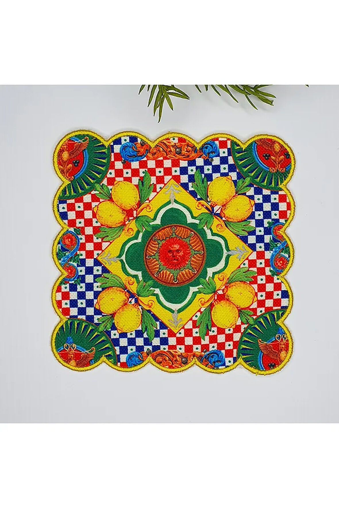 İtalyan Çini Limon Tasarım Desenli Dijital Baskılı Nakışlı Kokteyl Peçetesi