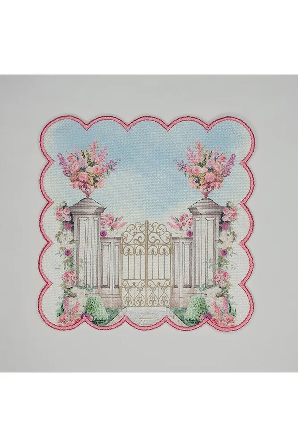 Pembe Çiçekler ve Saray Desenli Düğün Temalı Etrafı Nakışlı Kokteyl Peçetesi