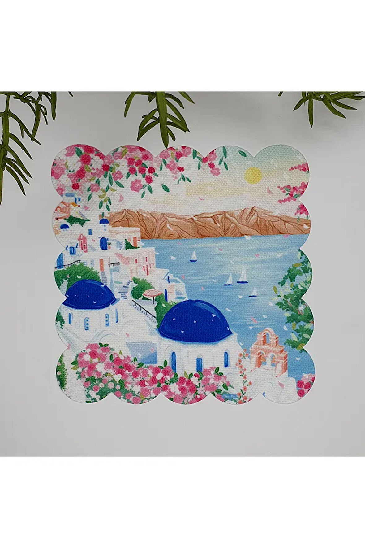 Sulu Boya Santorini Deniz Manzara Desenli Yıkanabilir Kumaş  Kokteyl Peçetesi 1 Adet