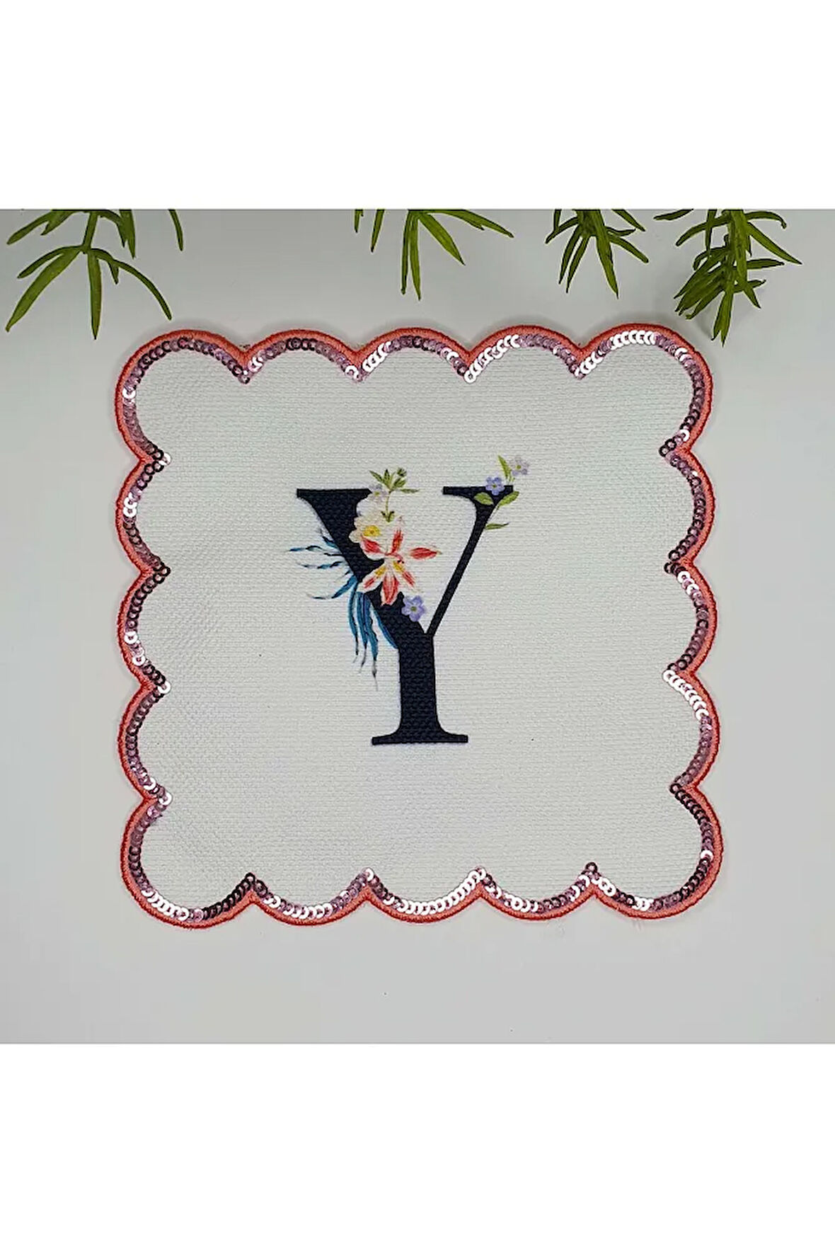 Y Harfi Baskılı Kişiye Özel Pul İşlemeli Monogramlı Nakış Kenar Pullu Kokteyl Peçetesi 1 Adet