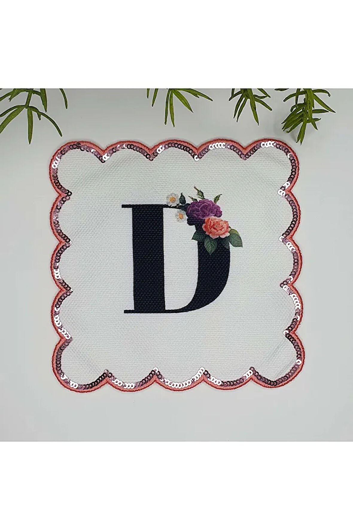 D Harfi Baskılı Kişiye Özel Pul İşlemeli Monogramlı Nakış Kenar Pullu Kokteyl Peçetesi 1 Adet