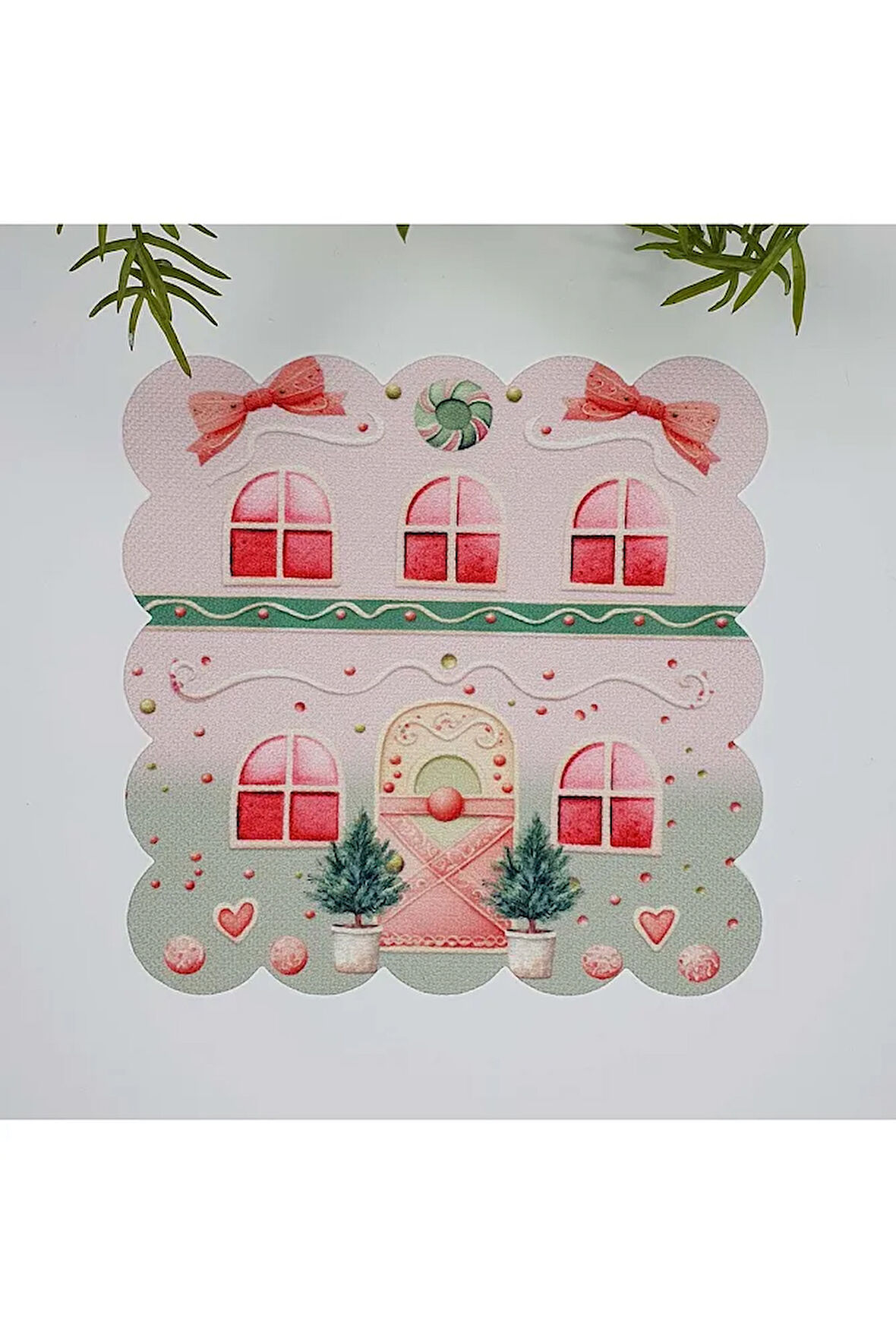 Pembe Şeker Ev Sulu Boya Yılbaşı Konsept Lazer Kesim Kumaş Kokteyl Peçetesi 1 Adet
