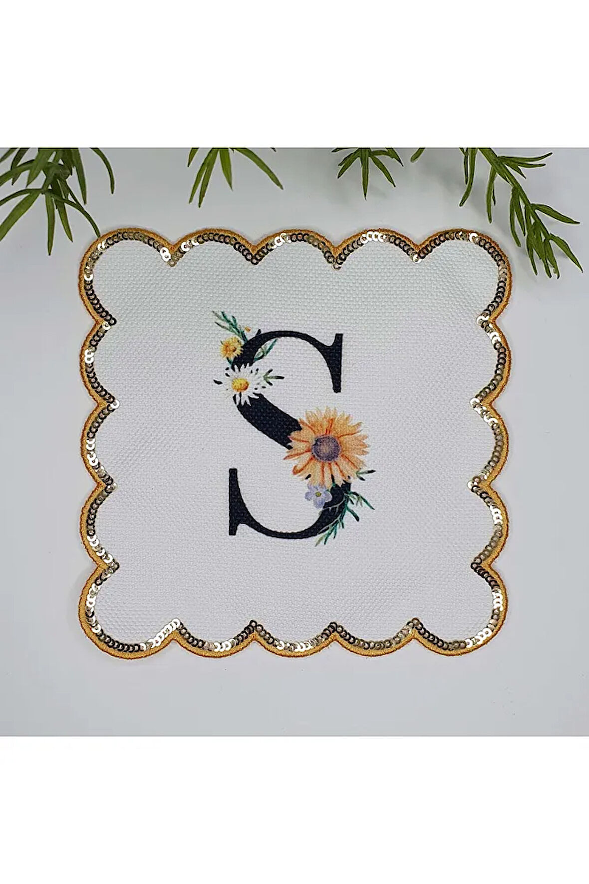 S Harfi Baskılı Kişiye Özel Pul İşlemeli Monogramlı Nakış Kenar Pullu Kokteyl Peçetesi 1 Adet