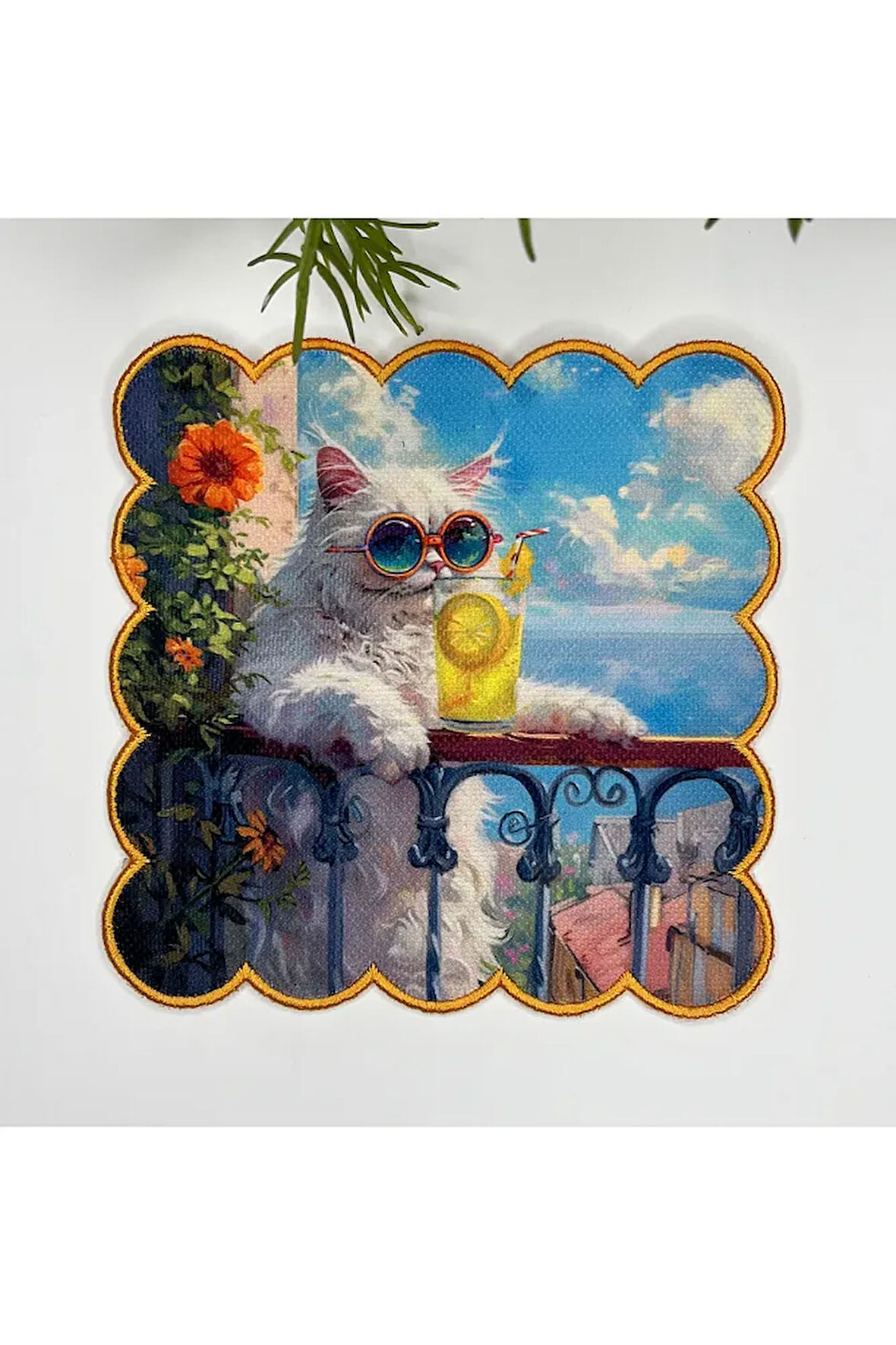Yağlıboya Tatilci Beyaz Kedi Tasarımlı Nakış Kenar Kumaş Kokteyl Peçetesi 1 Adet