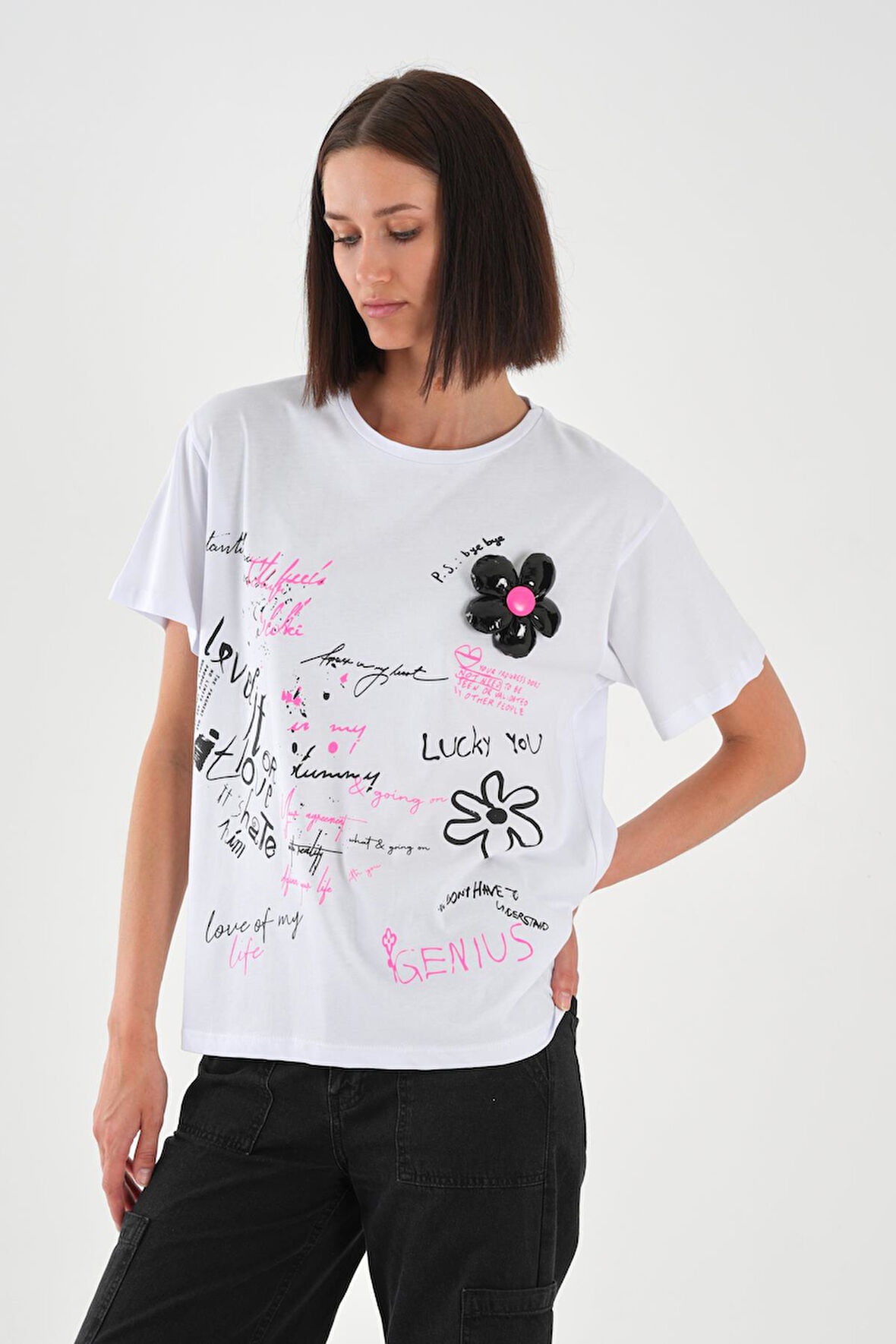 ALEXANDERGARDI Dokulu Çiçek Detaylı Baskılı Kadın T-shirt