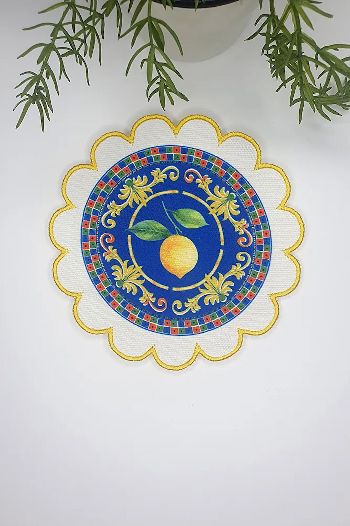 Çini ve Limon Tasarımlı Nakış Kenar Kumaş Kokteyl Peçetesi 1 Adet