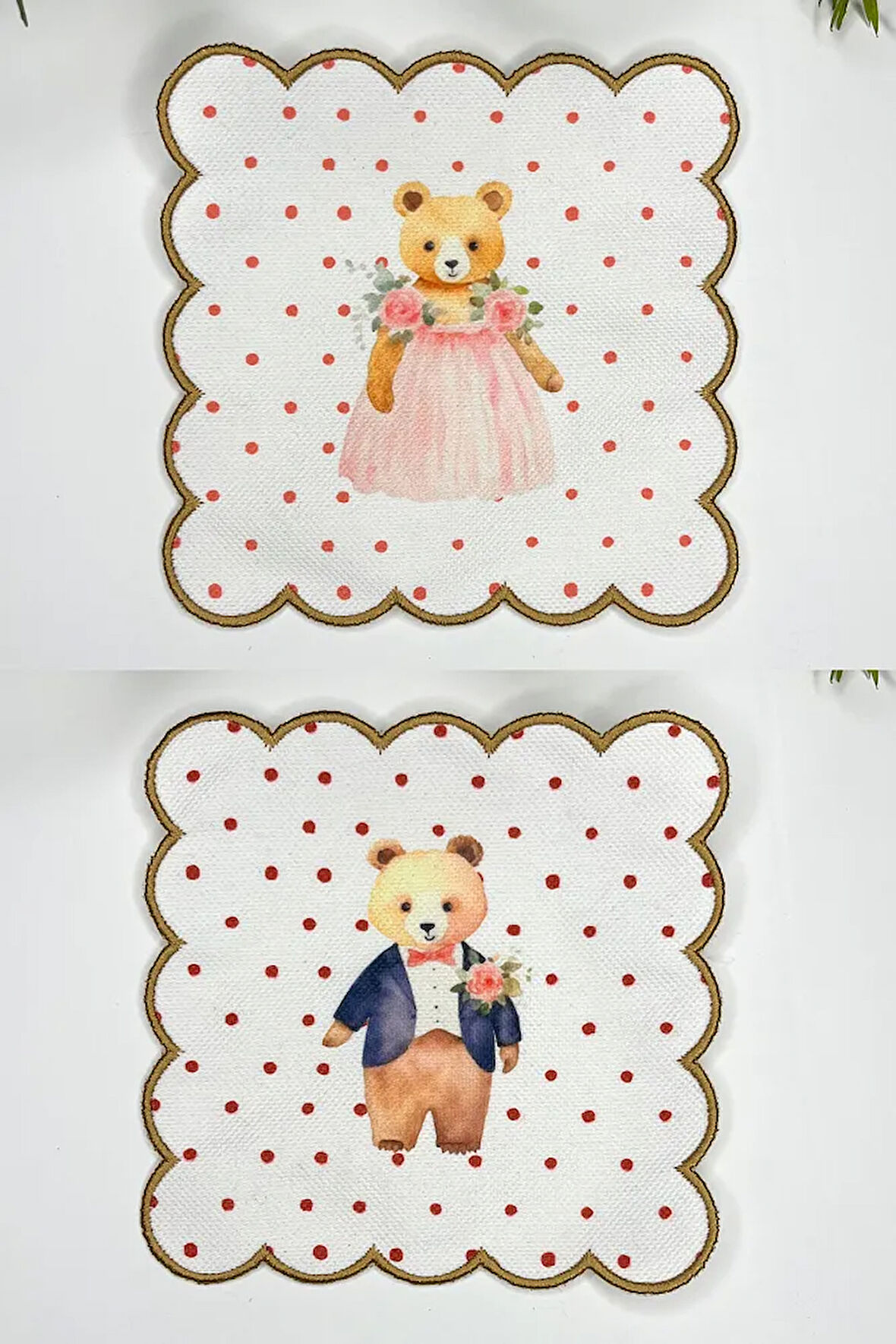 Sulu Boya Teddy Gelin Damat Tasarımlı Nakış Kenar Kokteyl Peçeteleri 2 Adet