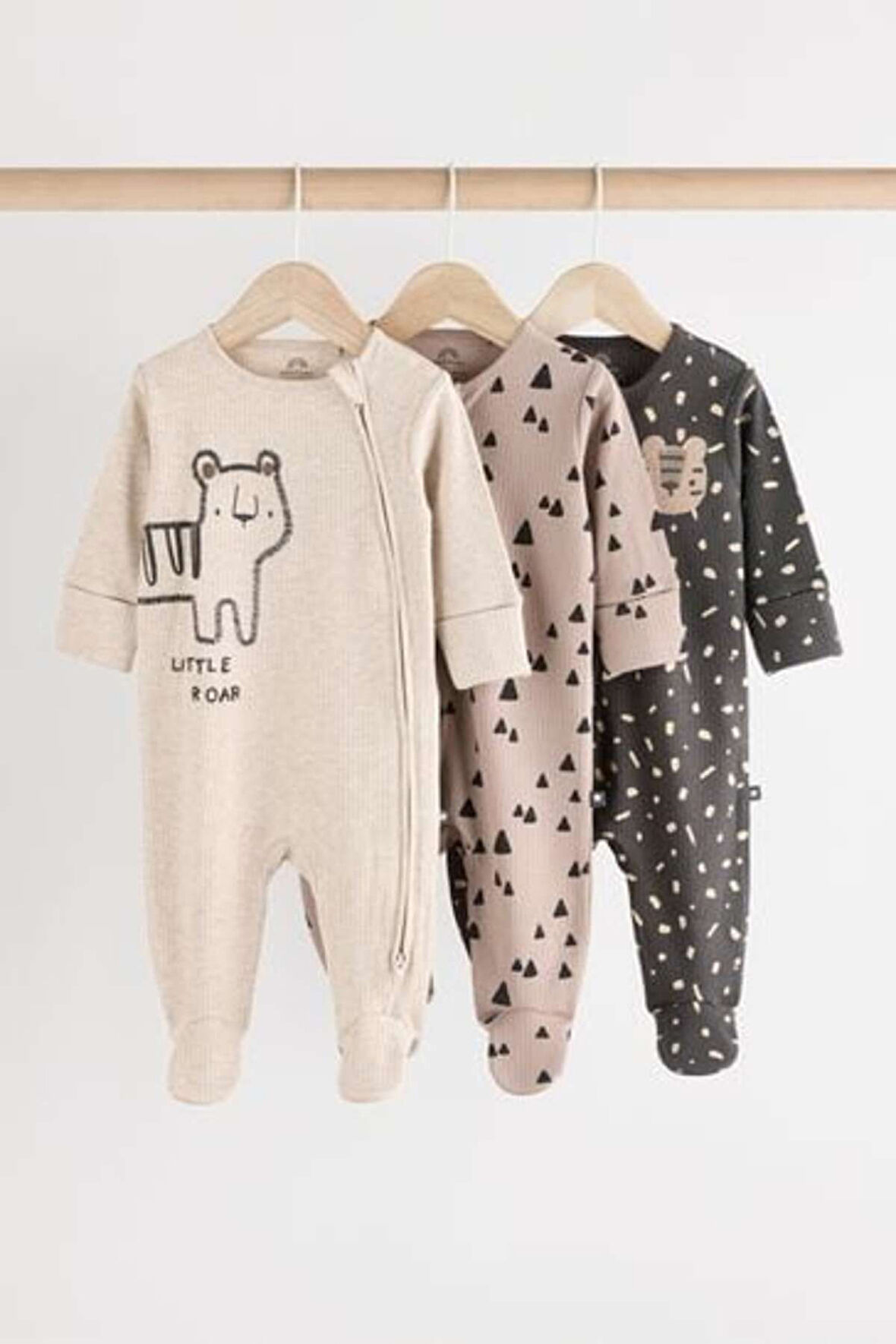 Next Baby % 100 Pamuklu Monokrom Hayvan Desenli 3'lü Tulum Set