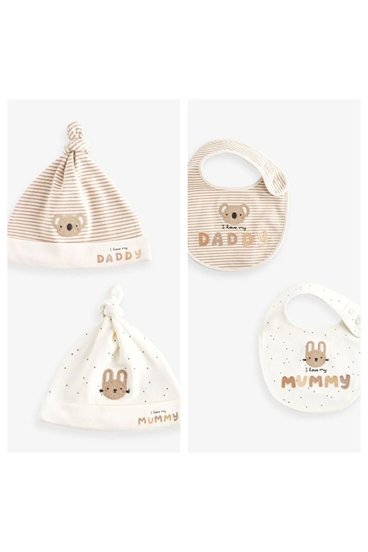 Next Baby % 100 Pamuklu Krem Daddy Mummy Desenli 2’li Şapka Önlük Seti