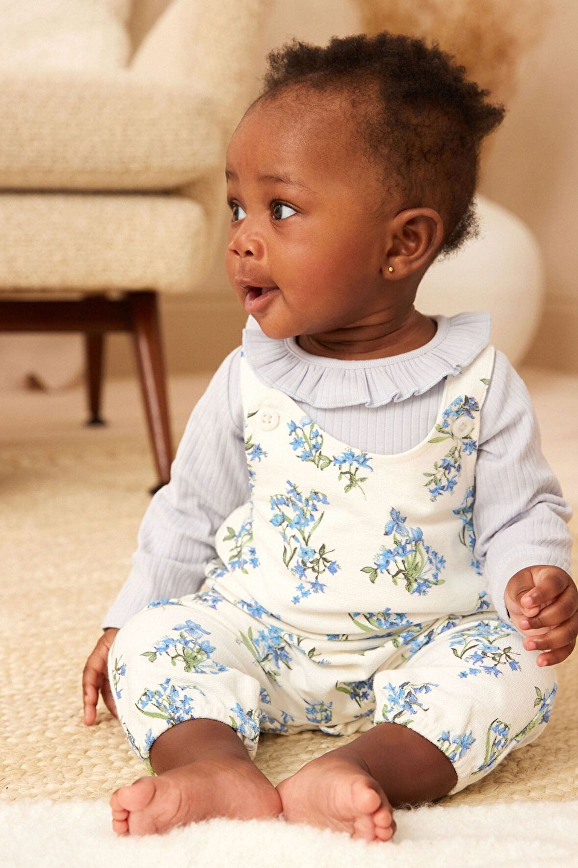 Next Baby % 100 Pamuklu Mavi Çiçek Desenli Salopet Body Zıbın Set