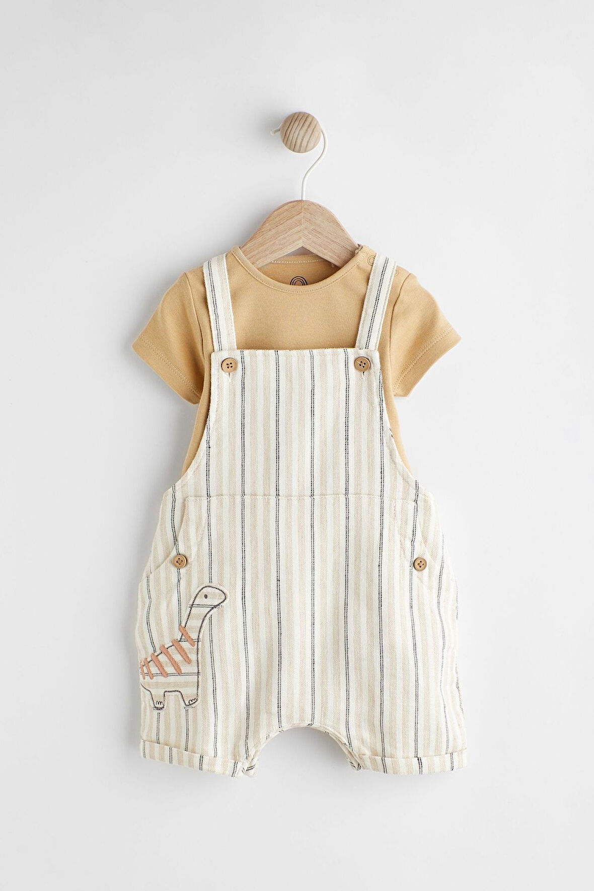 Next Baby % 100 Pamuklu Krem Dinazor Desenli Salopet Body Zıbın Set