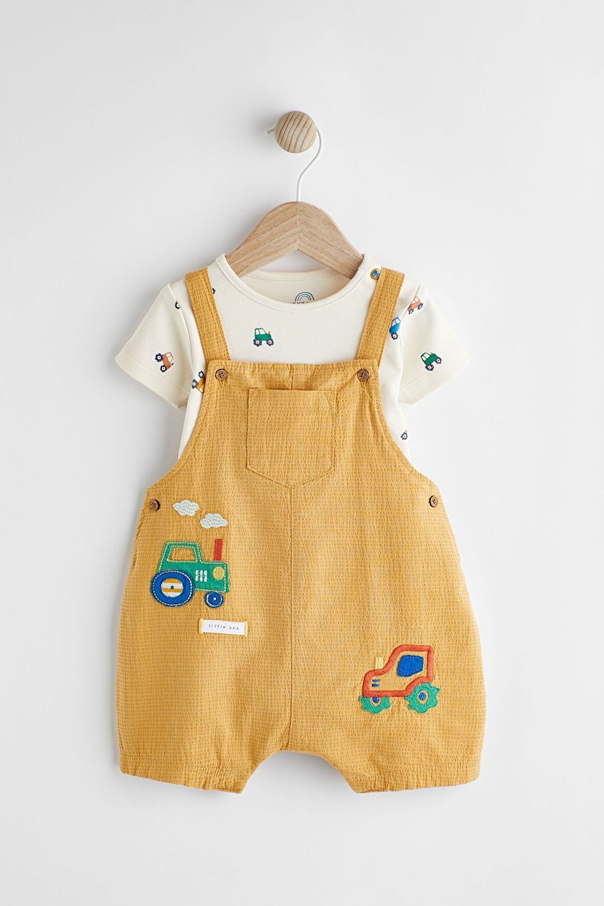 Next Baby % 100 Pamuklu Sarı Traktör Desenli Salopet Body Zıbın Set